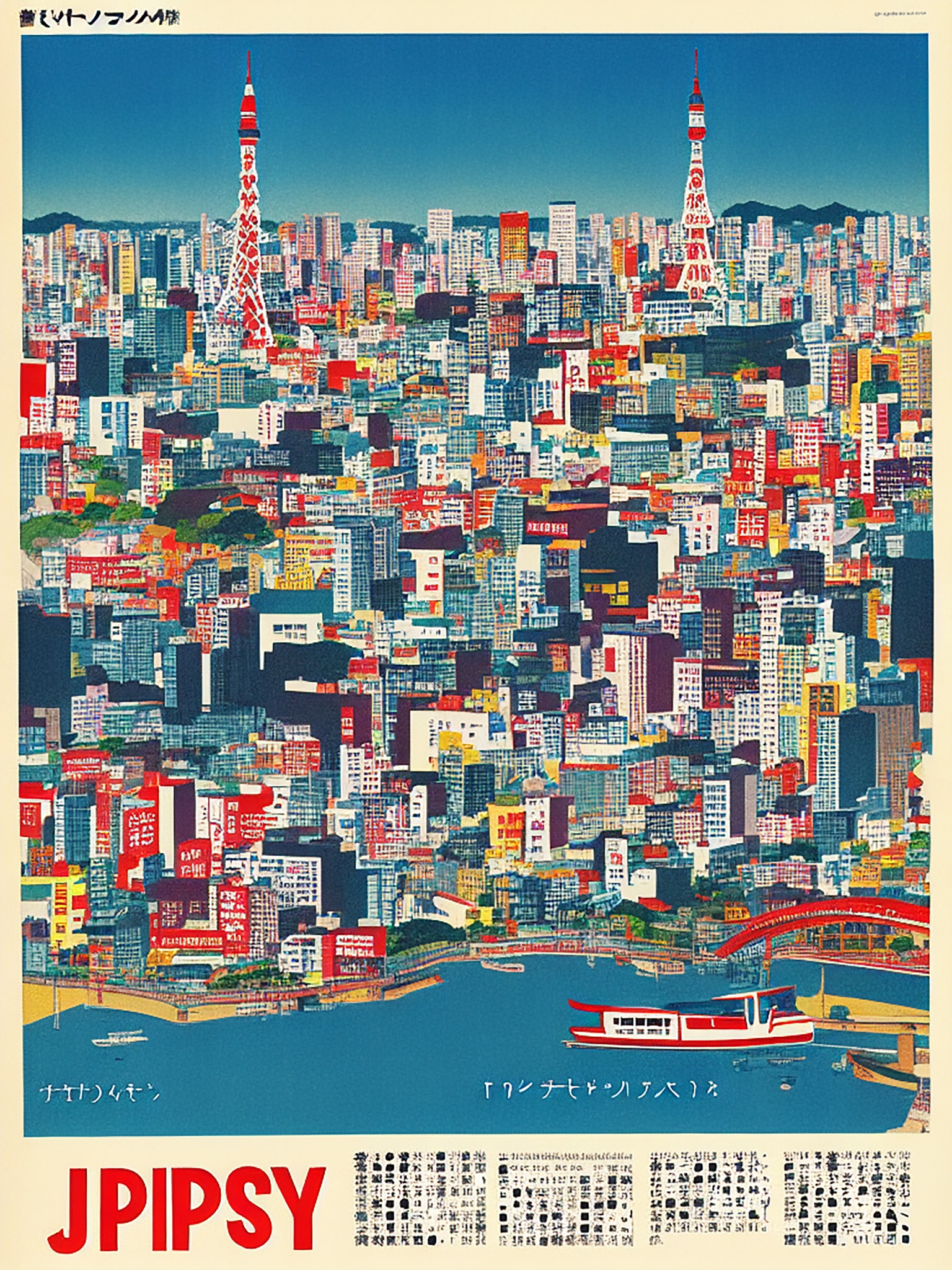 1970s stylized illustration of Tokyo skyline with two towers and a riverboat.