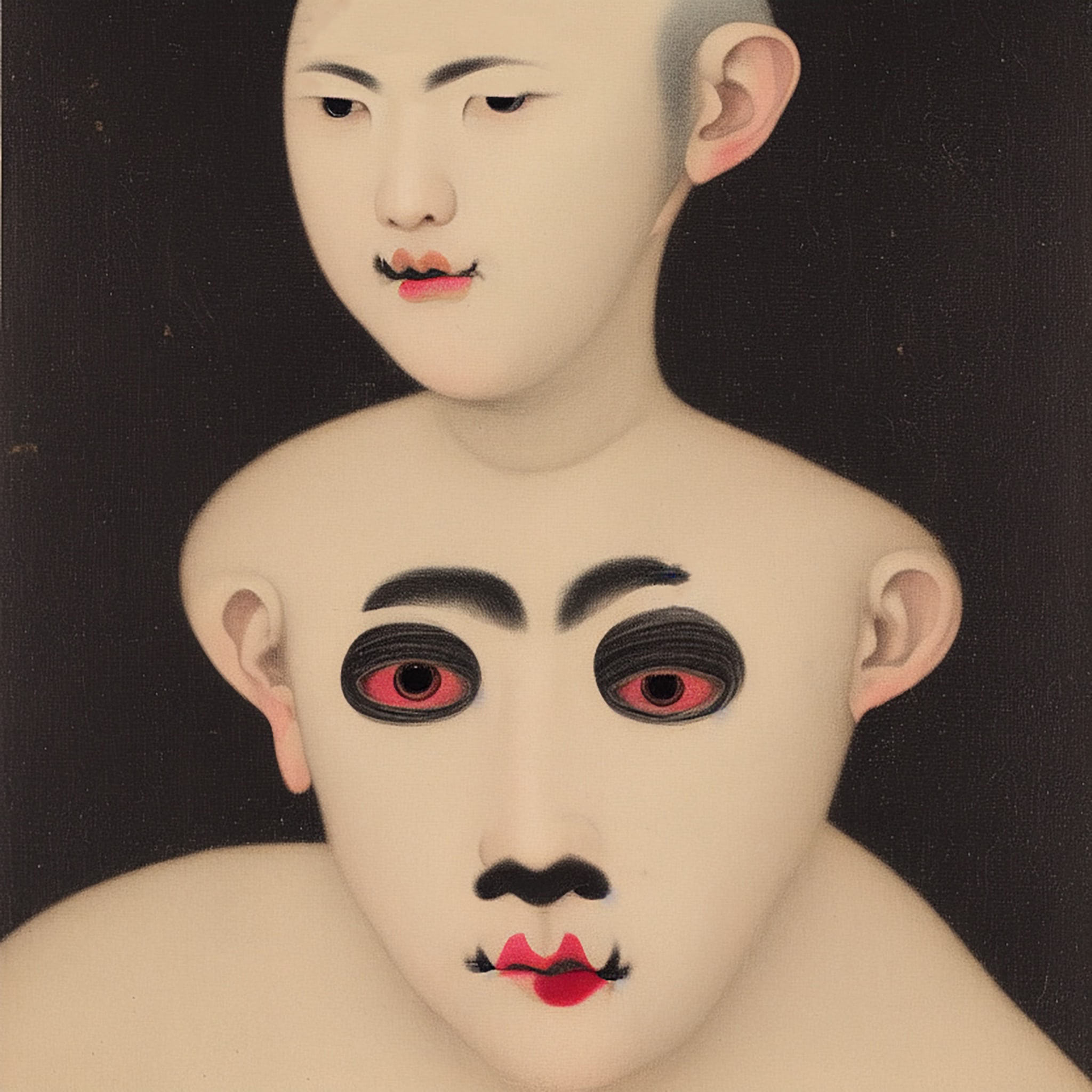 Painting of two pale figures, one atop the other, with exaggerated features and dark makeup.