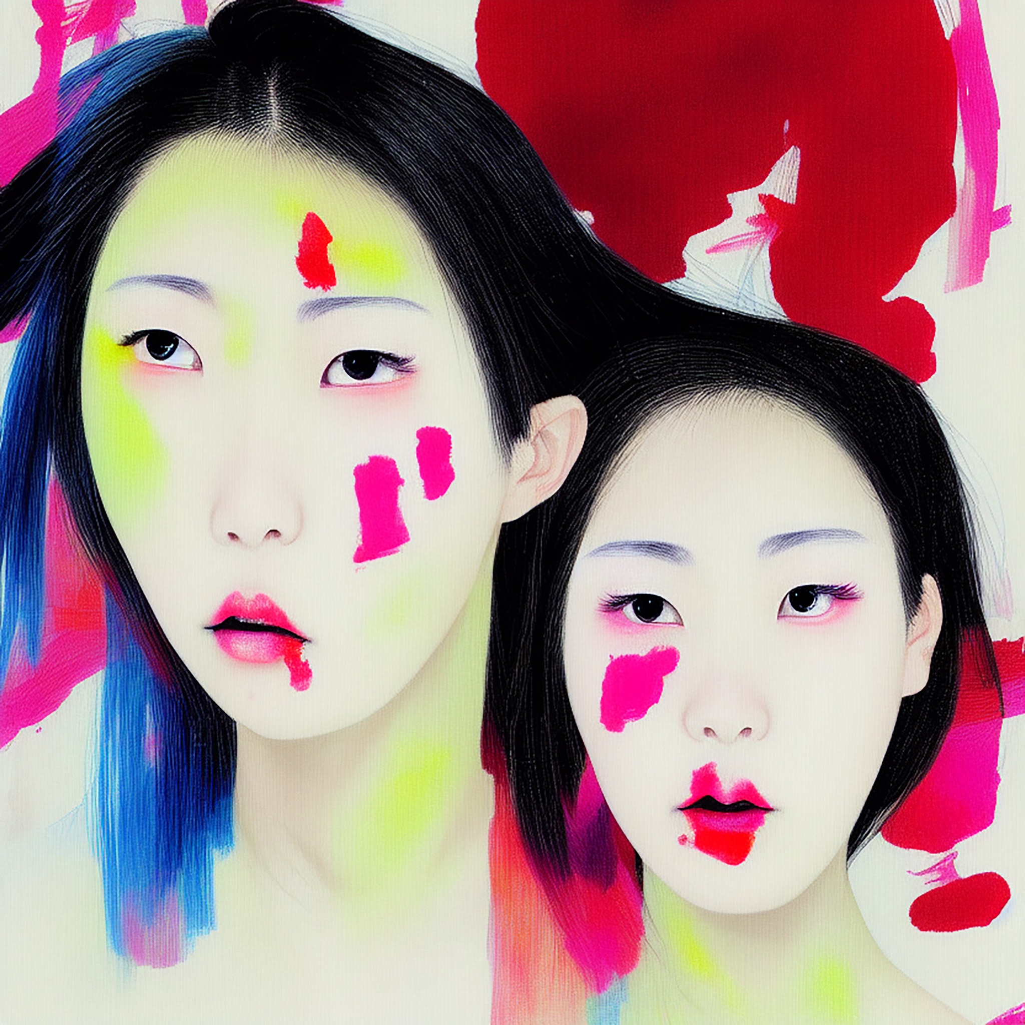 Painting of two women with vibrant makeup and colorful abstract background.