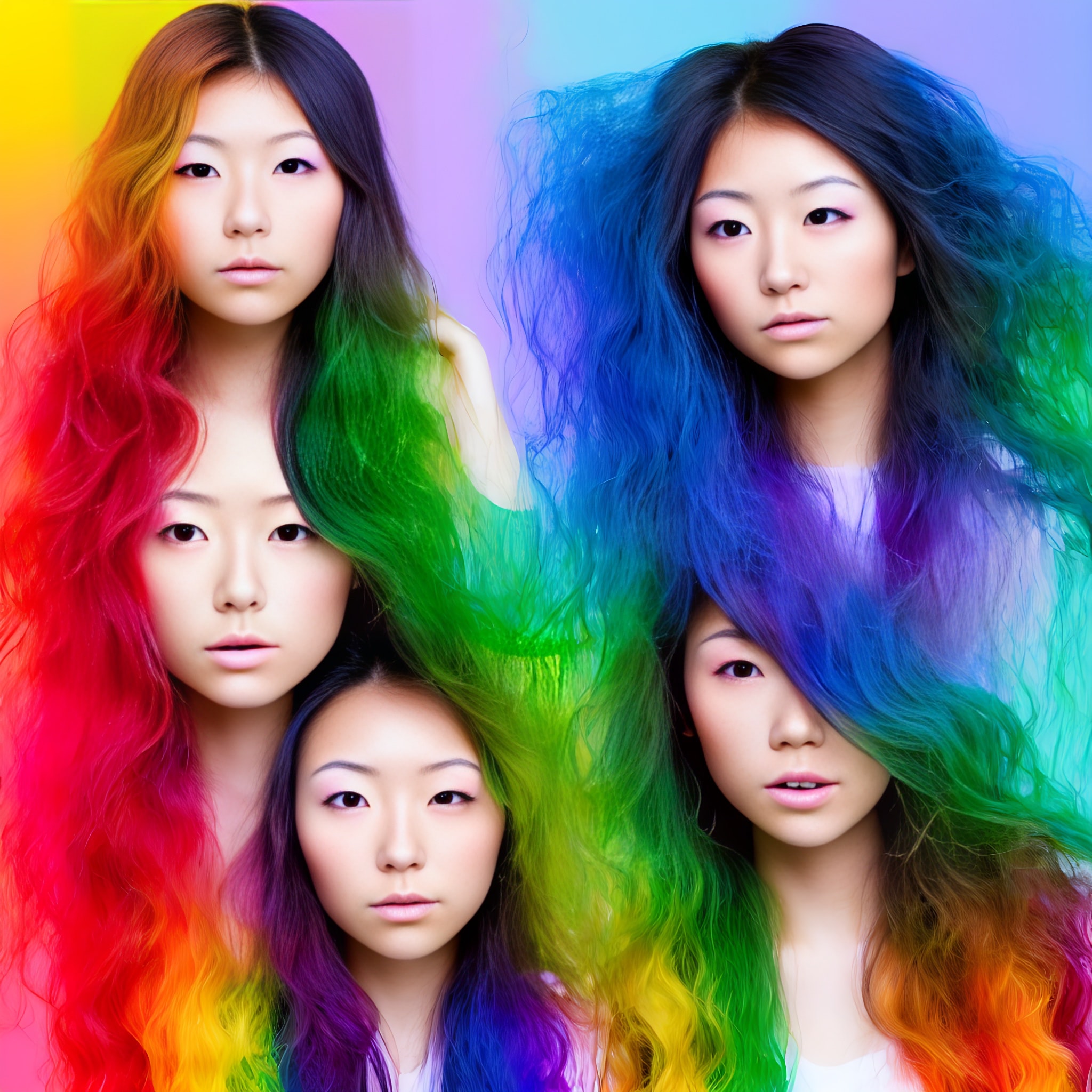 Four young Asian women with vibrant rainbow-colored hair.