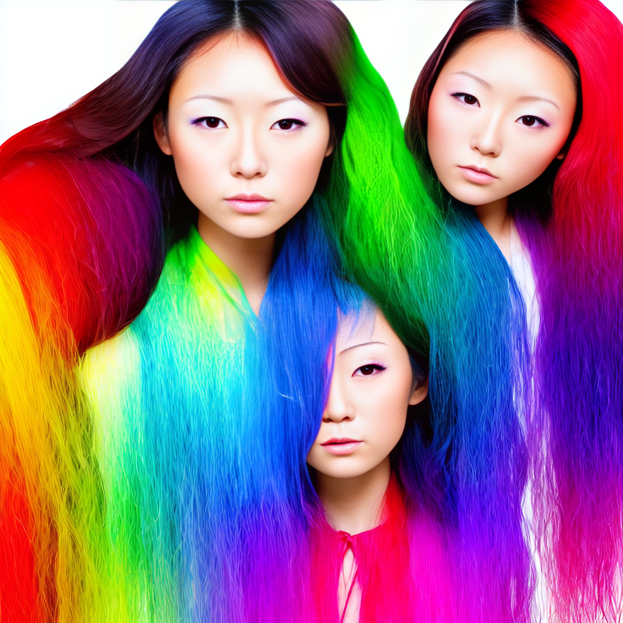 Three young Asian women with long, rainbow-colored hair.