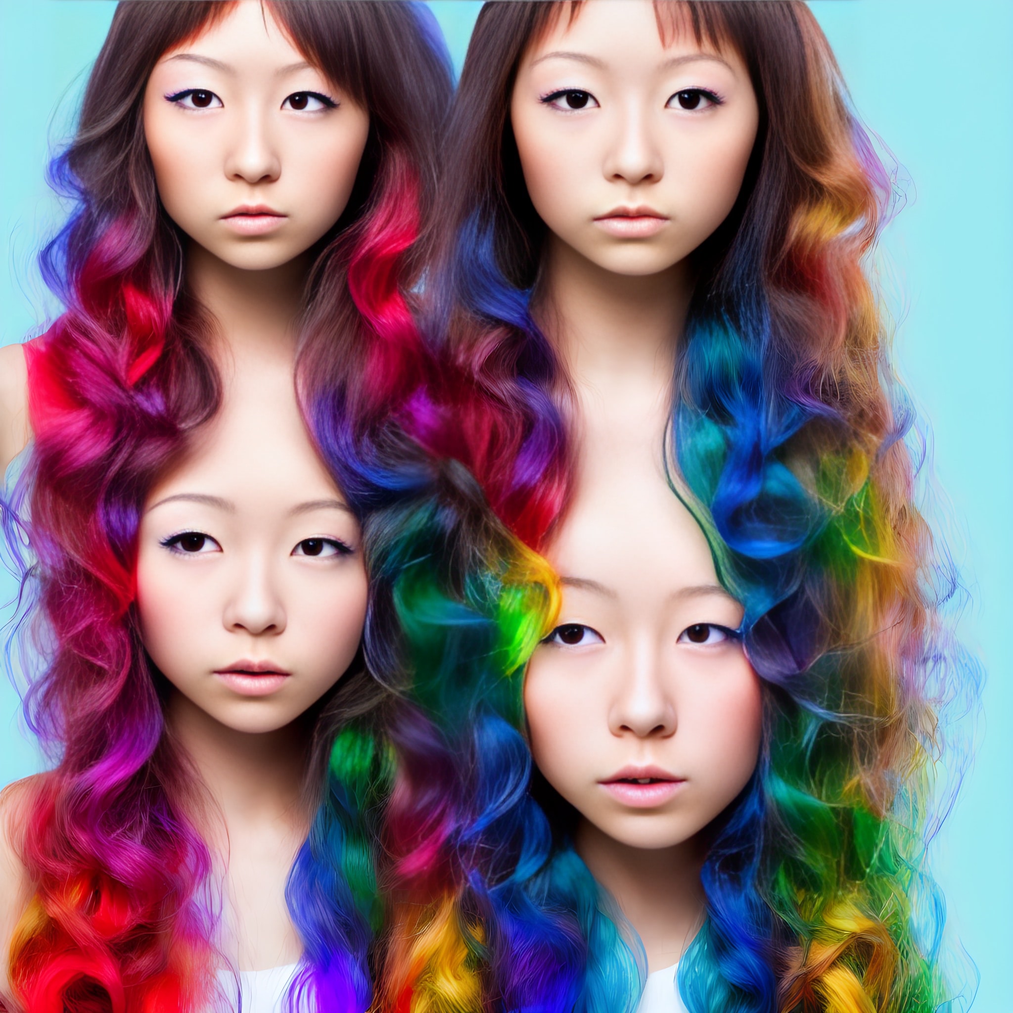 Four young women with long, rainbow-colored curly hair.