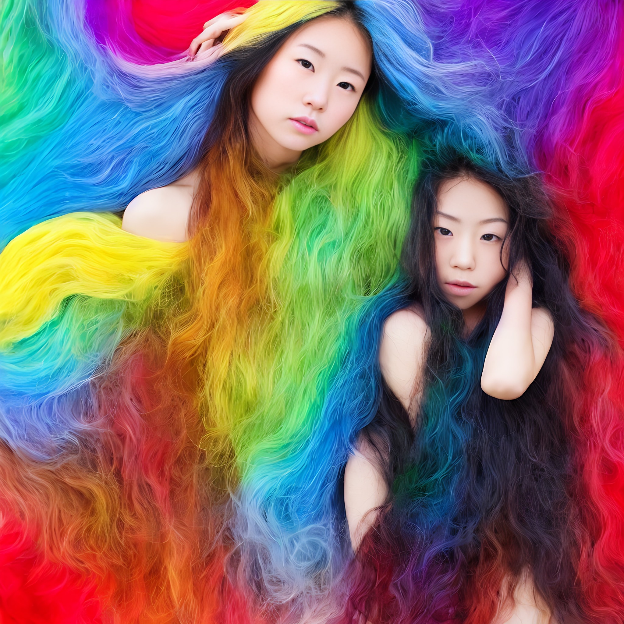 Two young women with long, rainbow-colored hair.