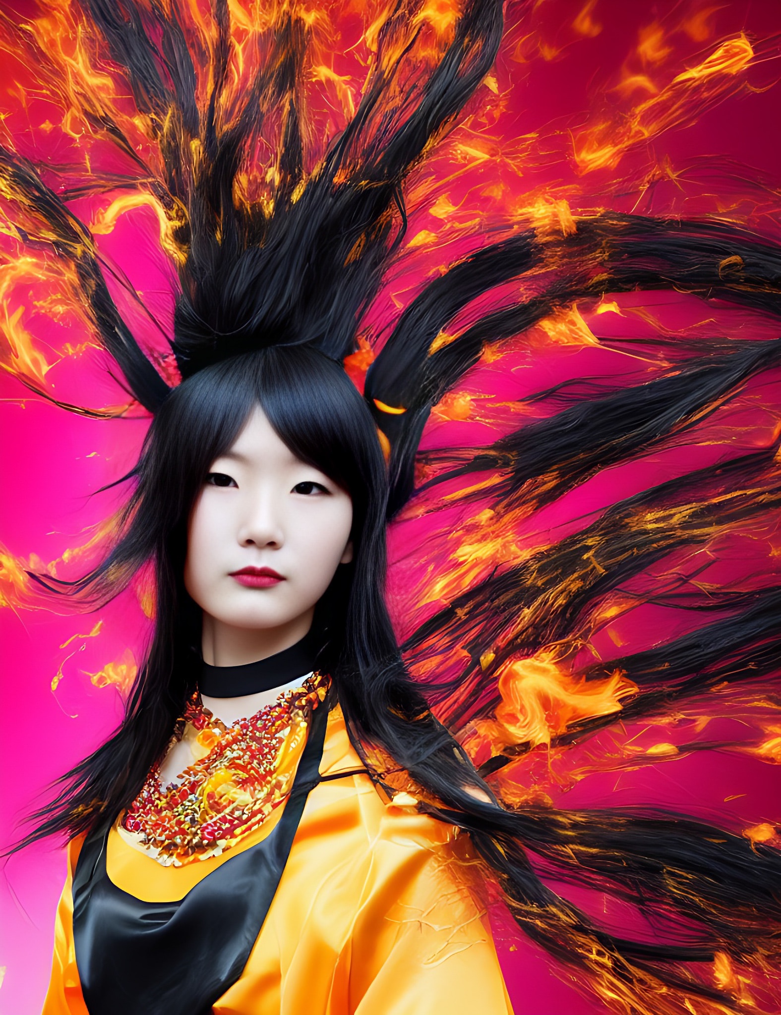 Young woman with long black hair styled with fire-like accents, wearing an orange and black outfit.