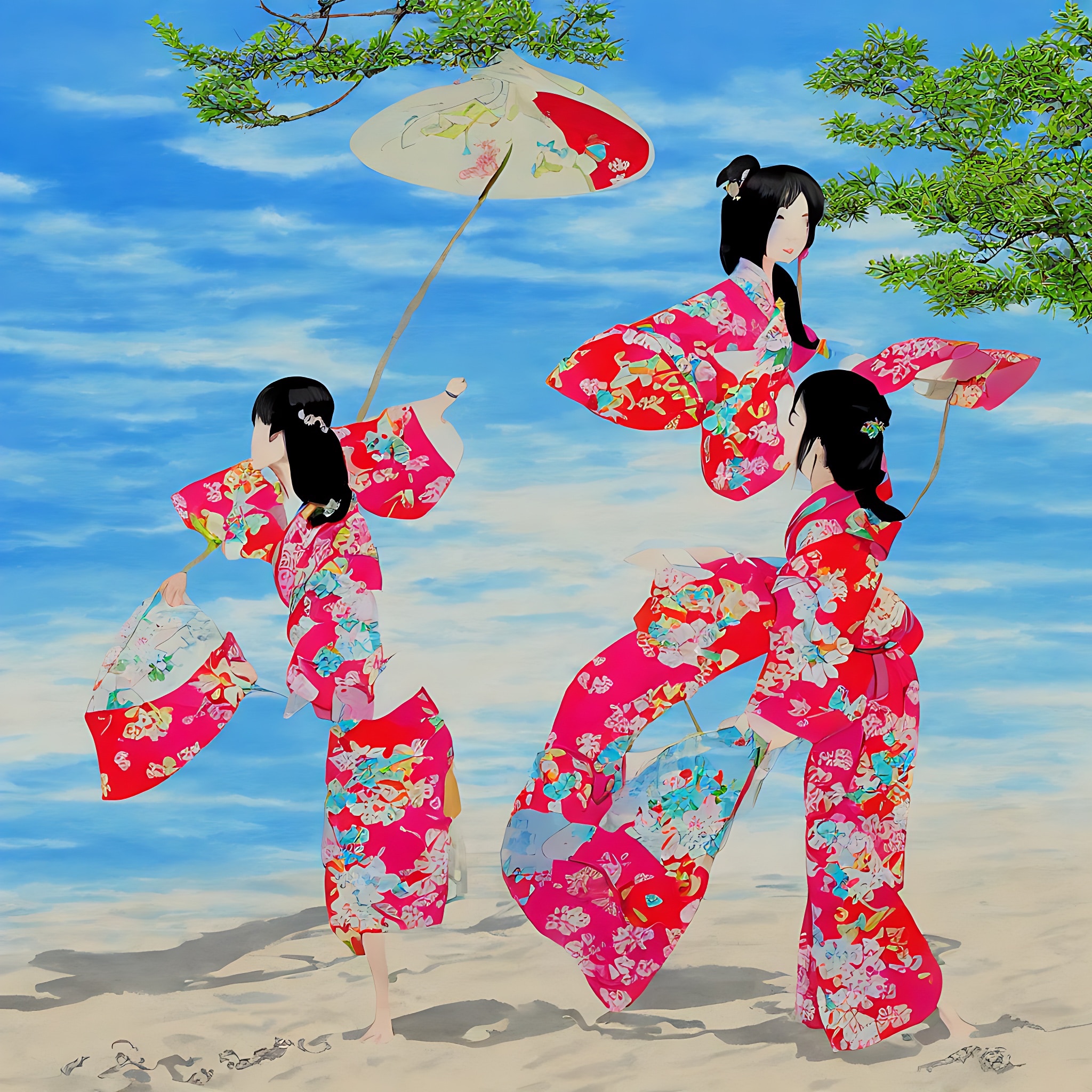 Three girls in floral kimonos on a sunny beach with parasols.