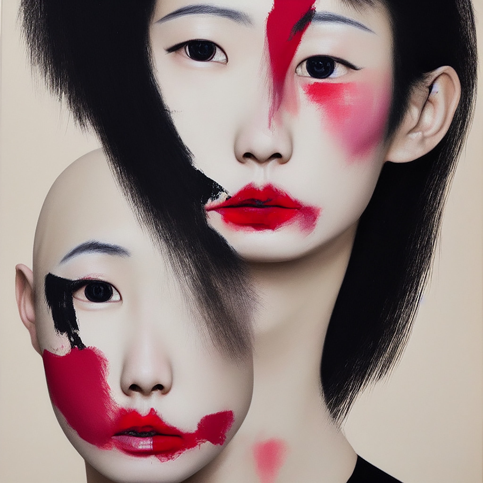 Close-up of two faces with bold, abstract makeup in red and black.