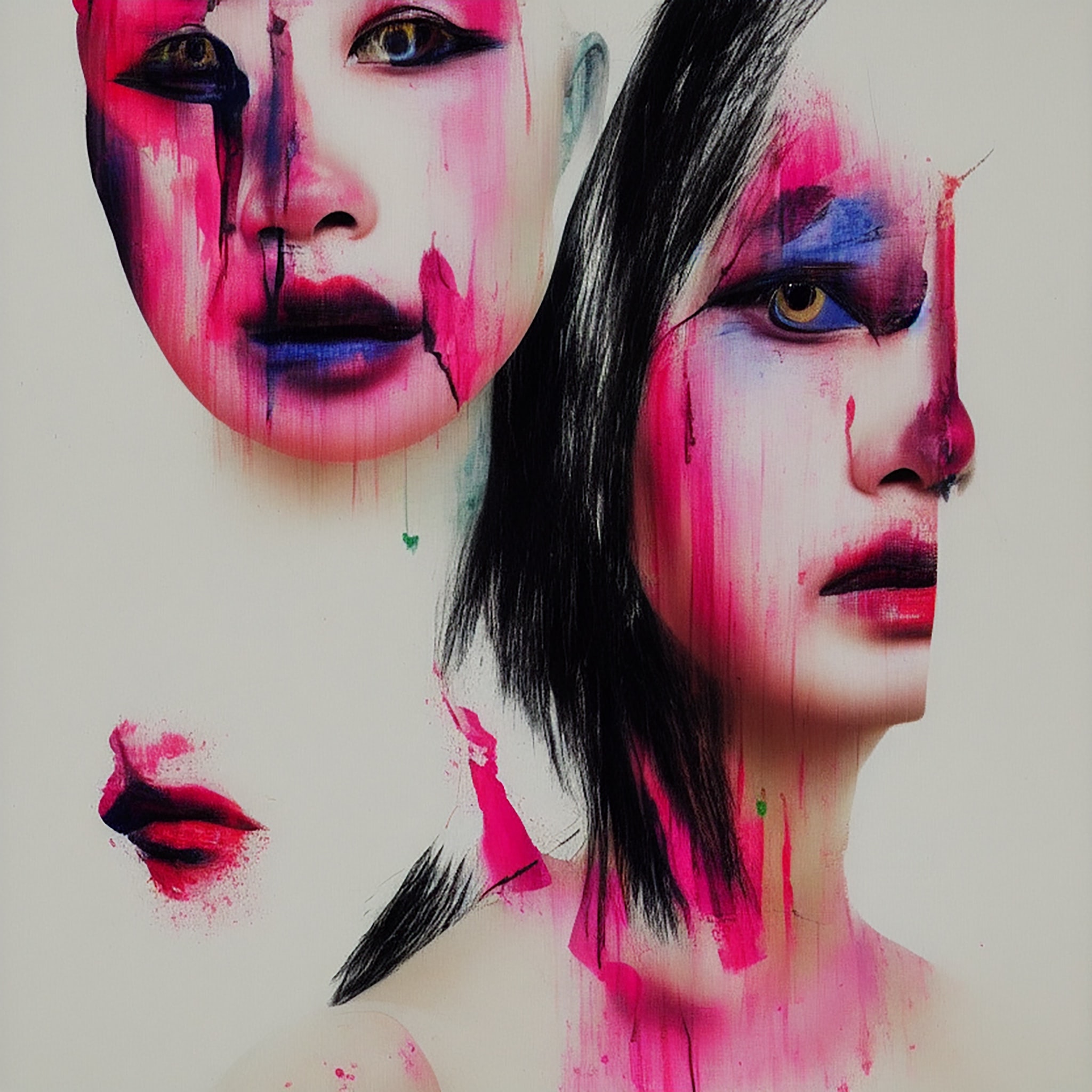 Abstract painting of two women's faces with bright pink and purple makeup.
