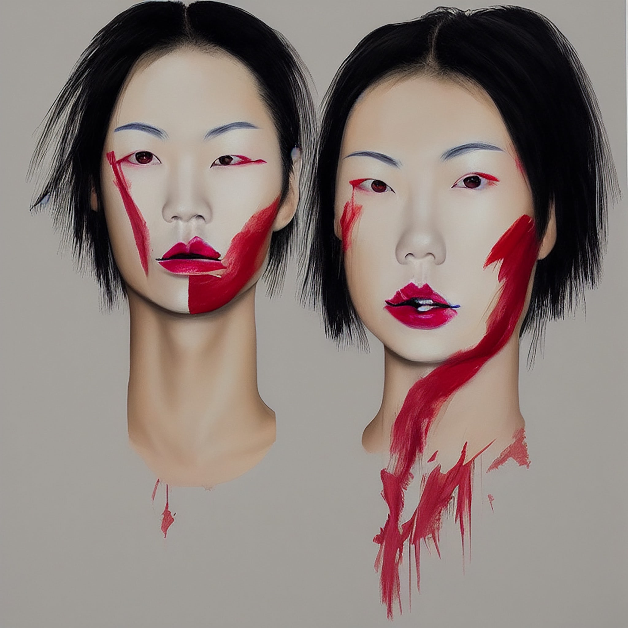 Two portraits of women with bob haircuts and red paint on their faces.