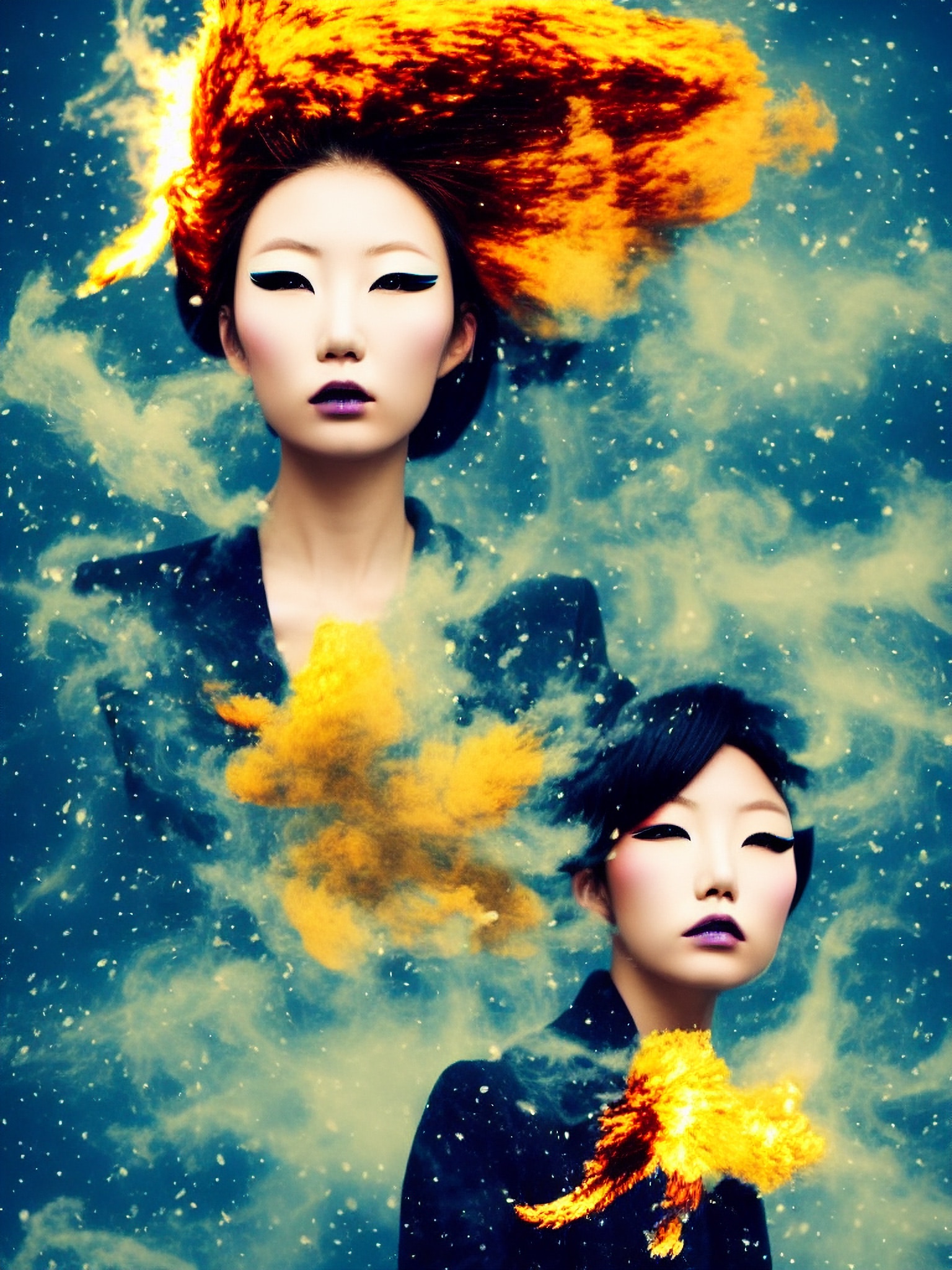 Two Asian women with stylized flame hair and makeup, set against a smoky, celestial background.
