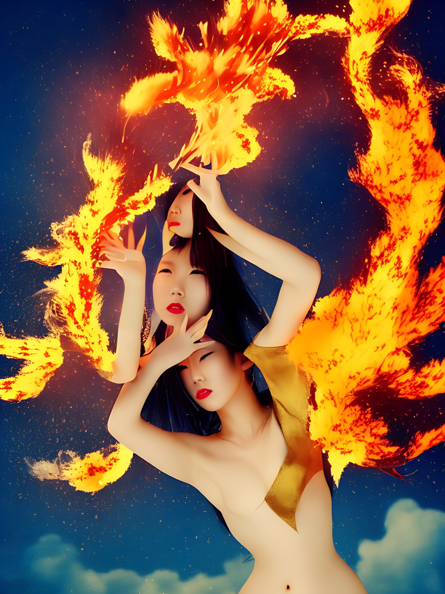 Woman with dark hair and gold fabric, surrounded by flames.