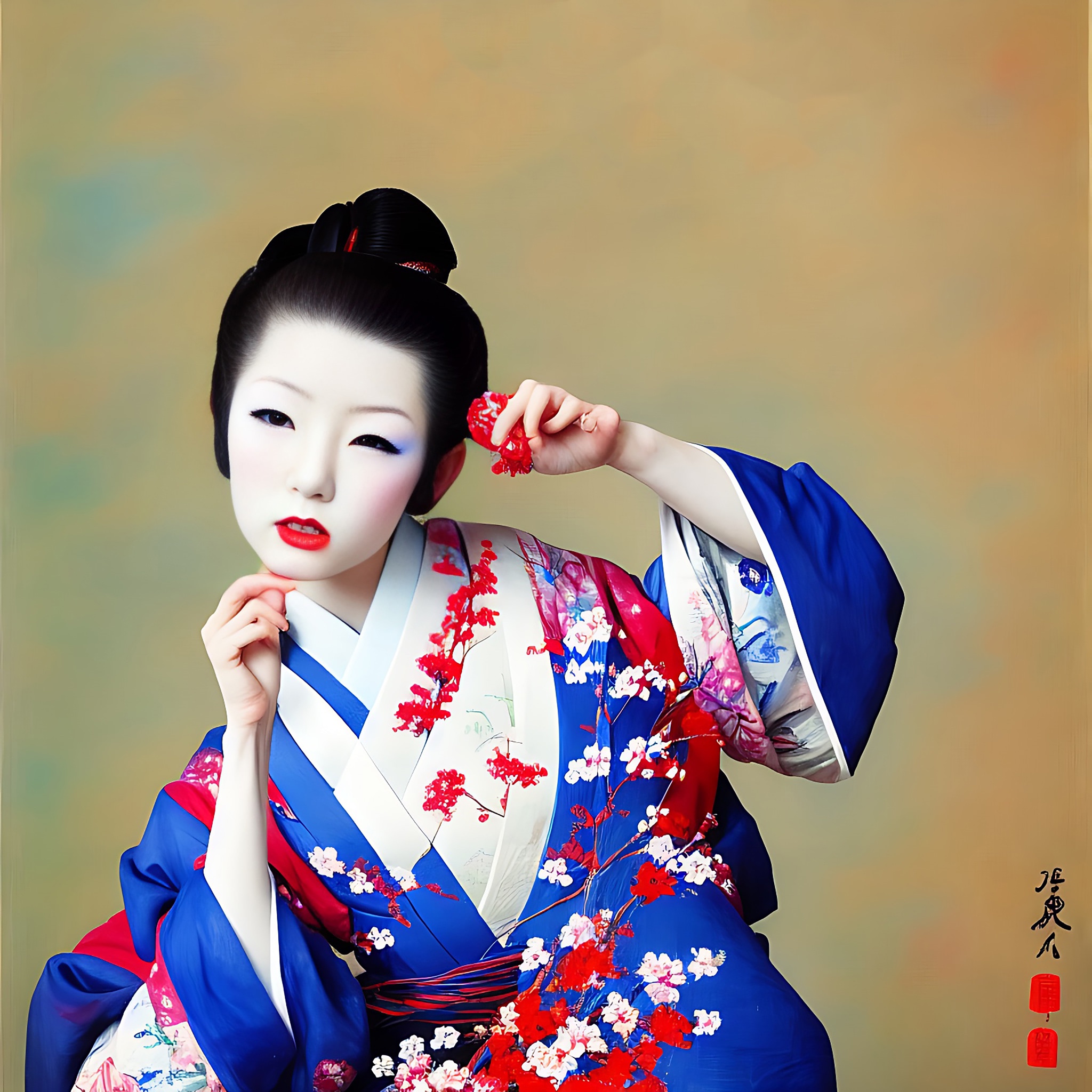 A Japanese model in a blue kimono adorned with red and white flowers.