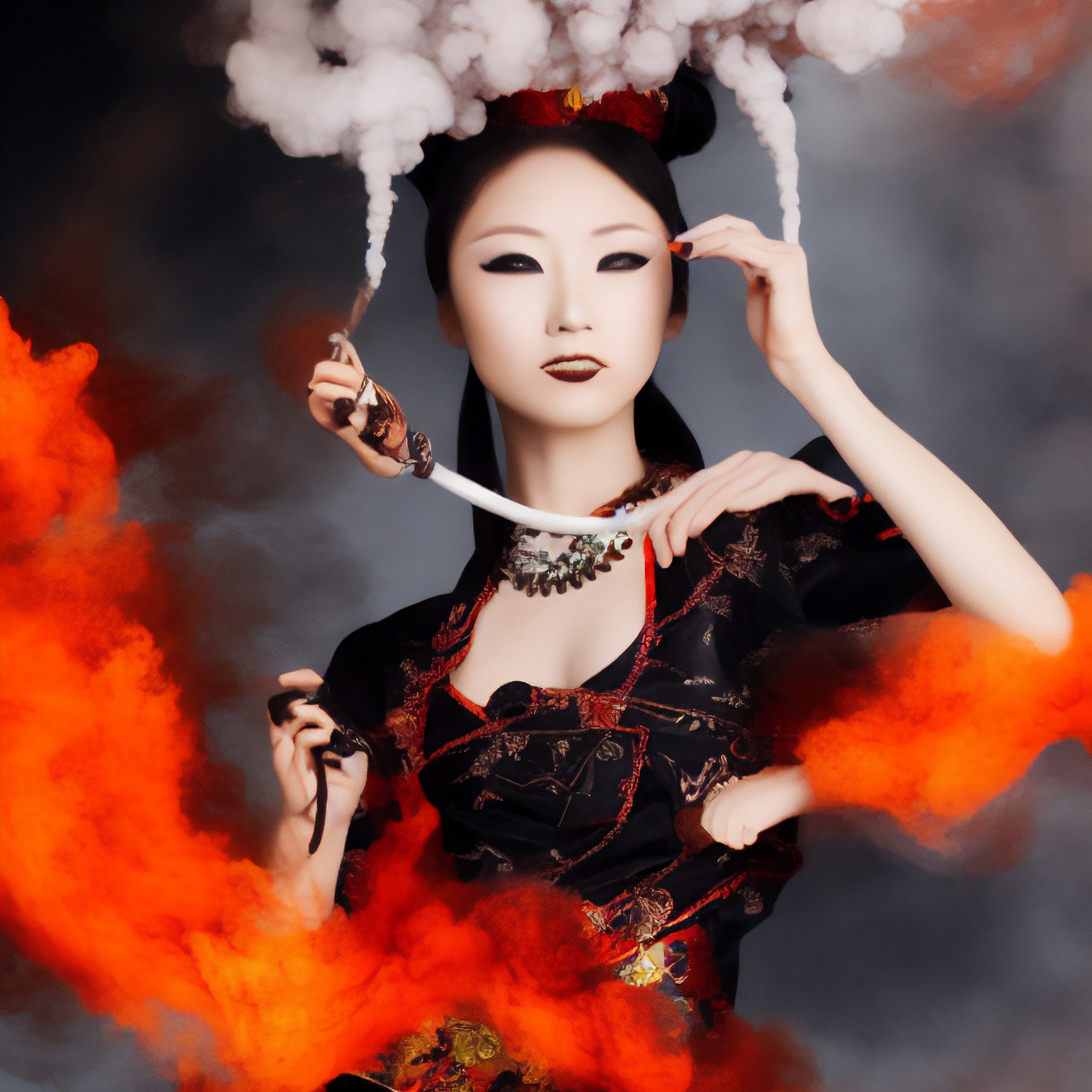 Portrait of a Japanese model in a traditional black dress surrounded by orange and white smoke.