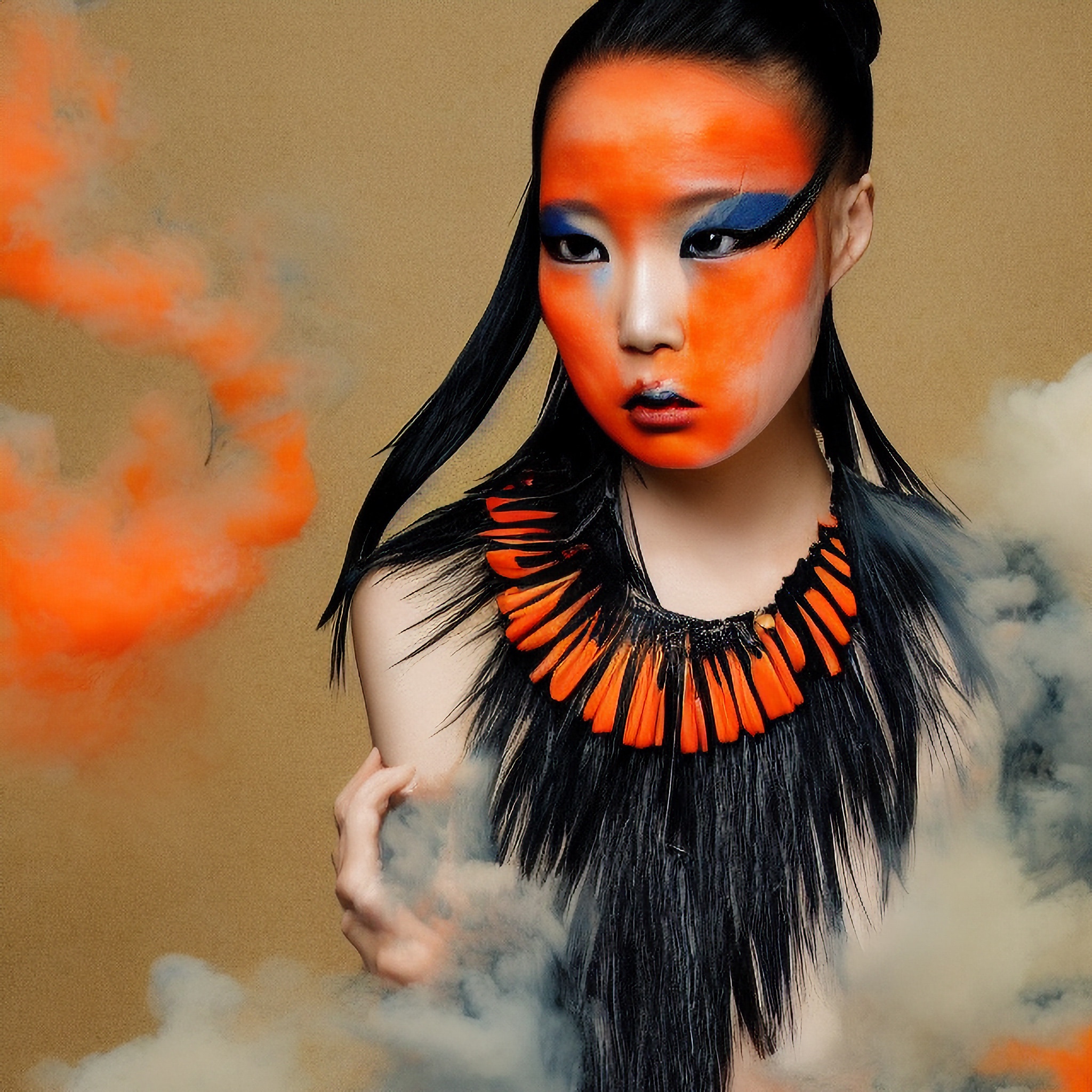 Portrait of a Japanese model with orange and blue makeup, wearing a black feather necklace and surrounded by smoke.