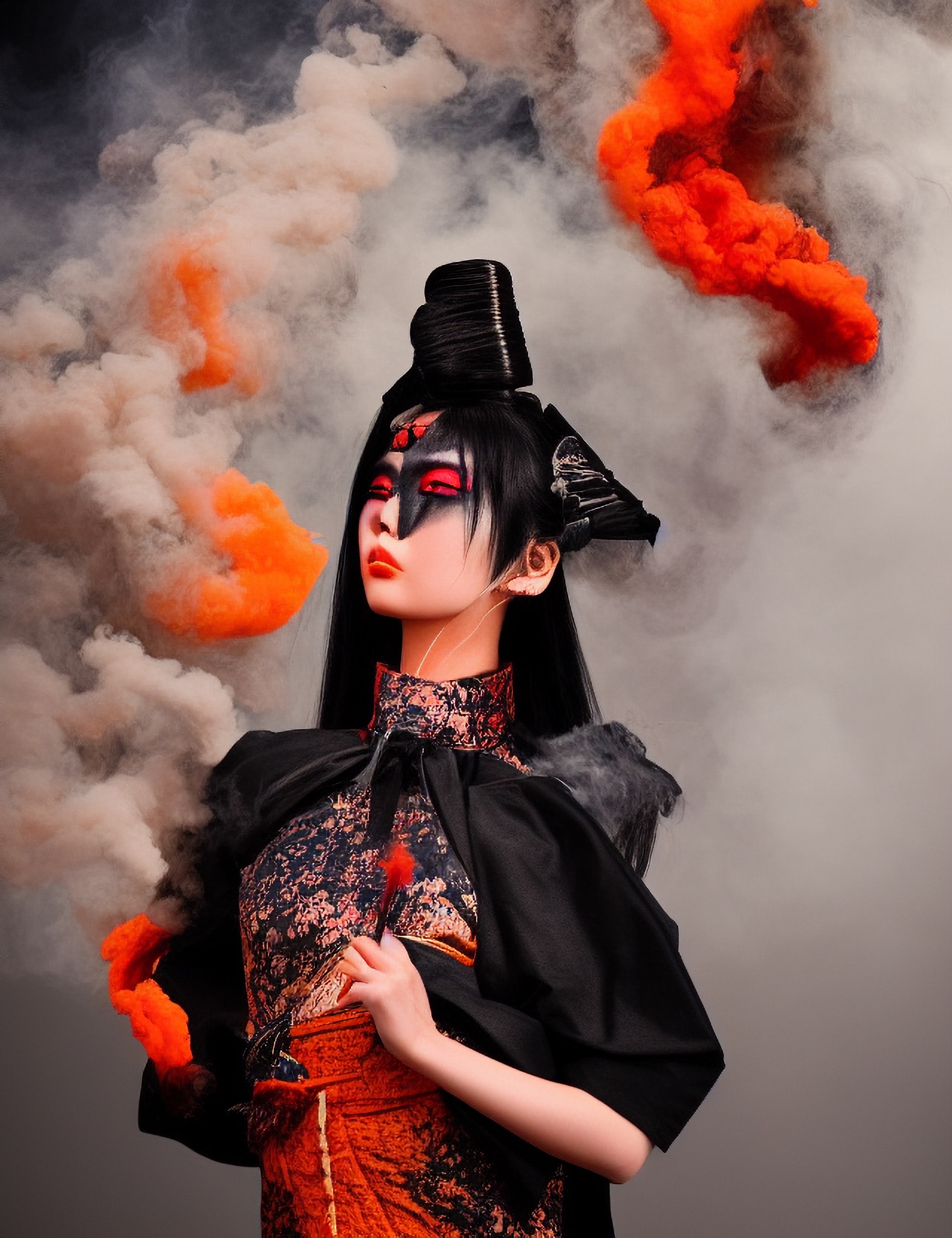 Portrait of a Japanese model in a traditional dress with dramatic makeup and orange smoke bombs.