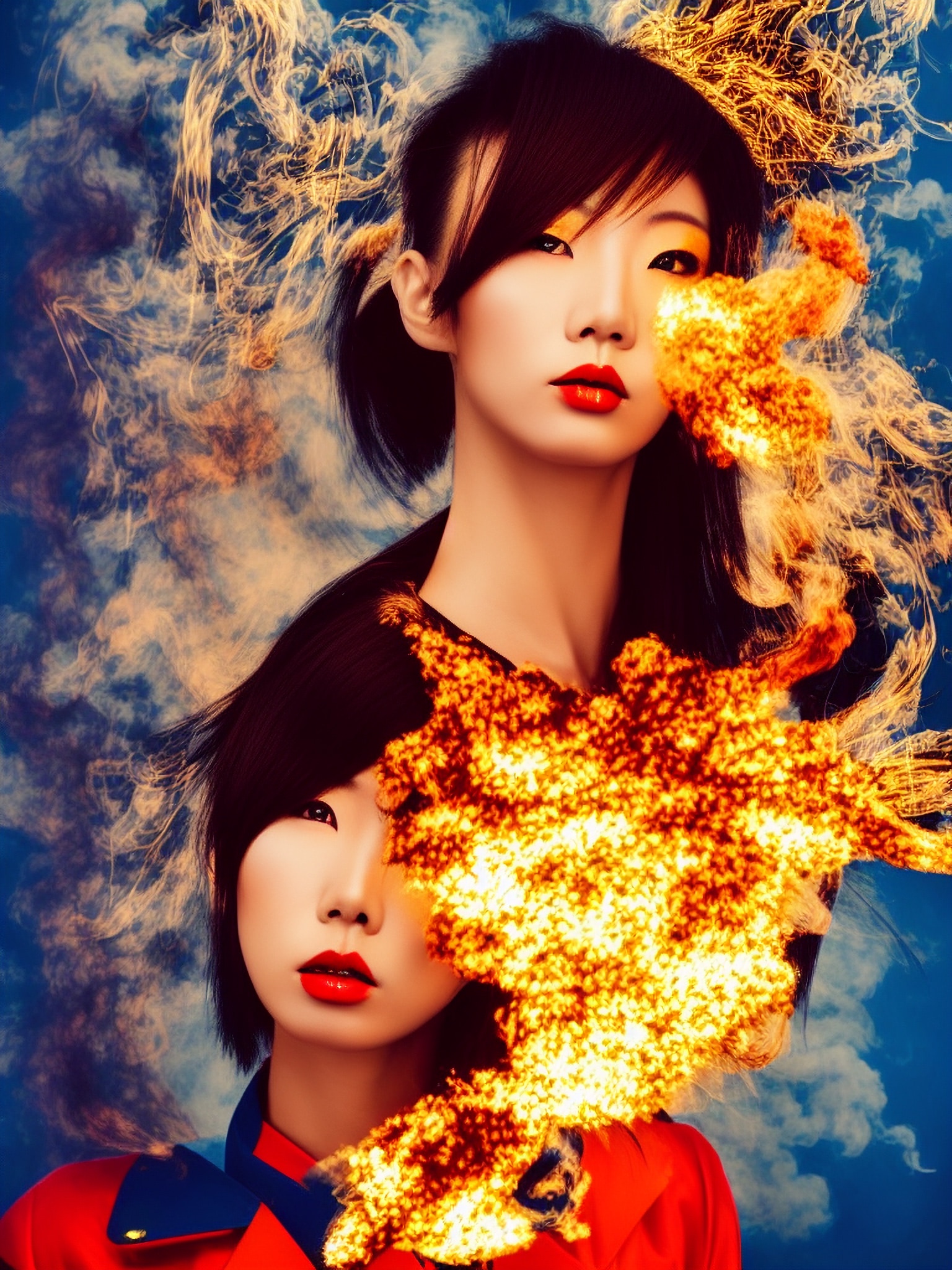 Portrait of two Asian women, partially obscured by flames and smoke, against a blue sky.