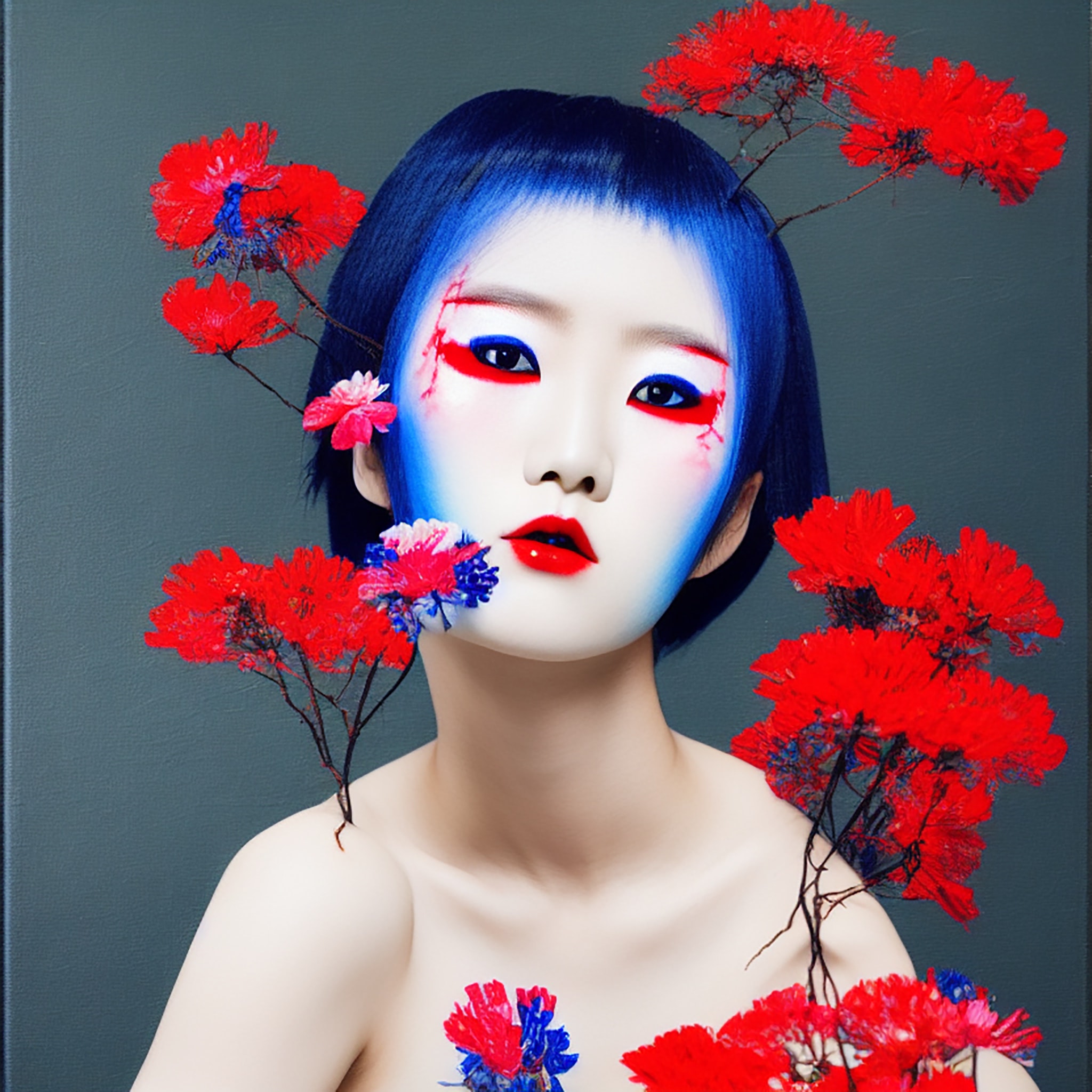 Portrait of a model with blue hair and red and blue floral makeup, adorned with red flowers.
