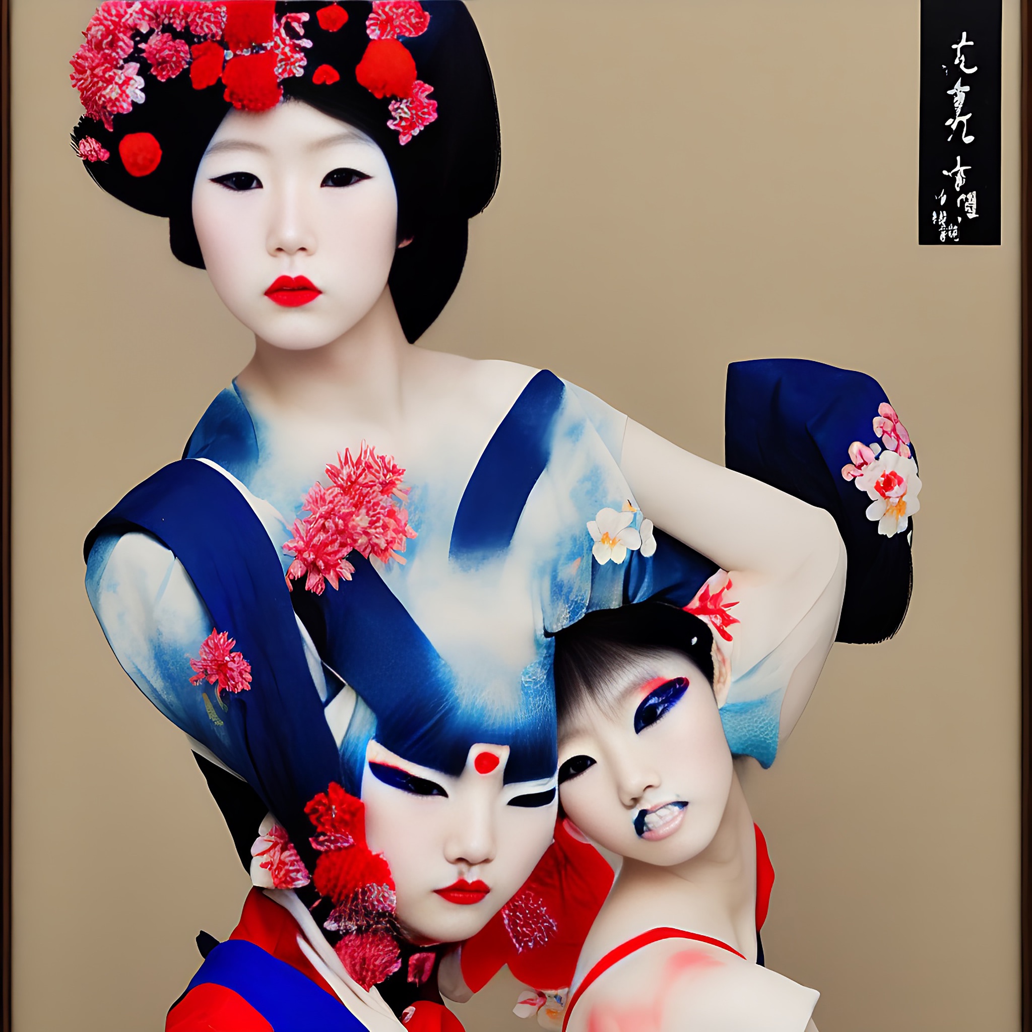 Portrait of two women in elaborate Japanese-inspired attire with red and blue floral details.