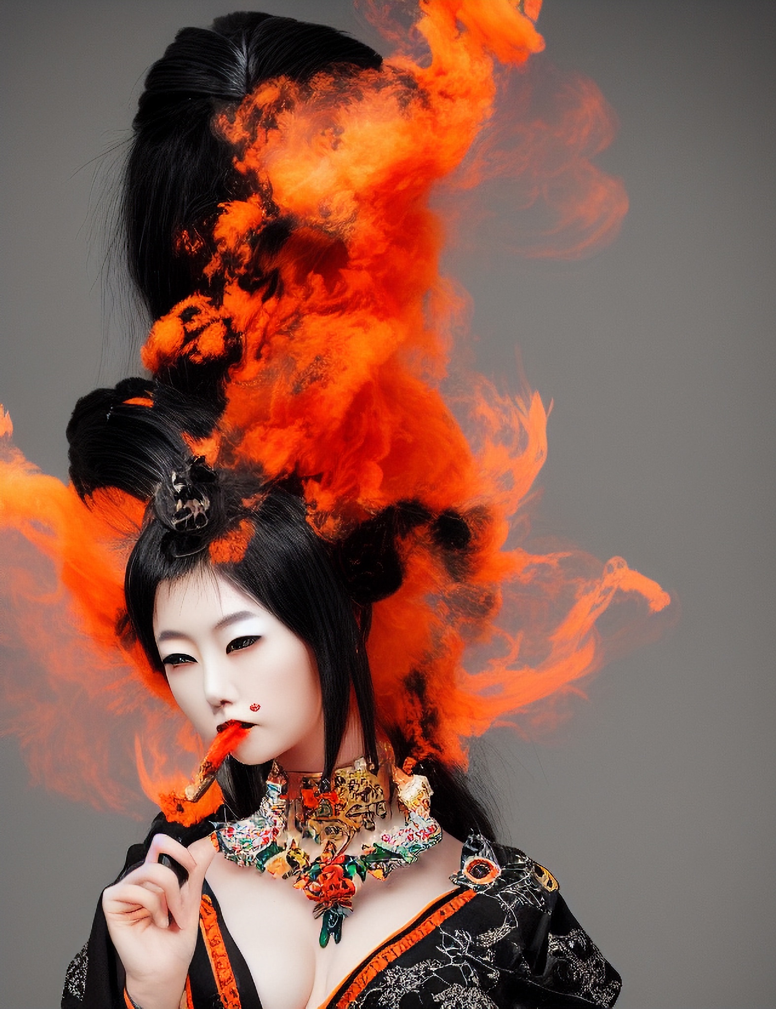 Woman with black hair styled up, engulfed in bright orange smoke, wearing a dark kimono and elaborate necklace.