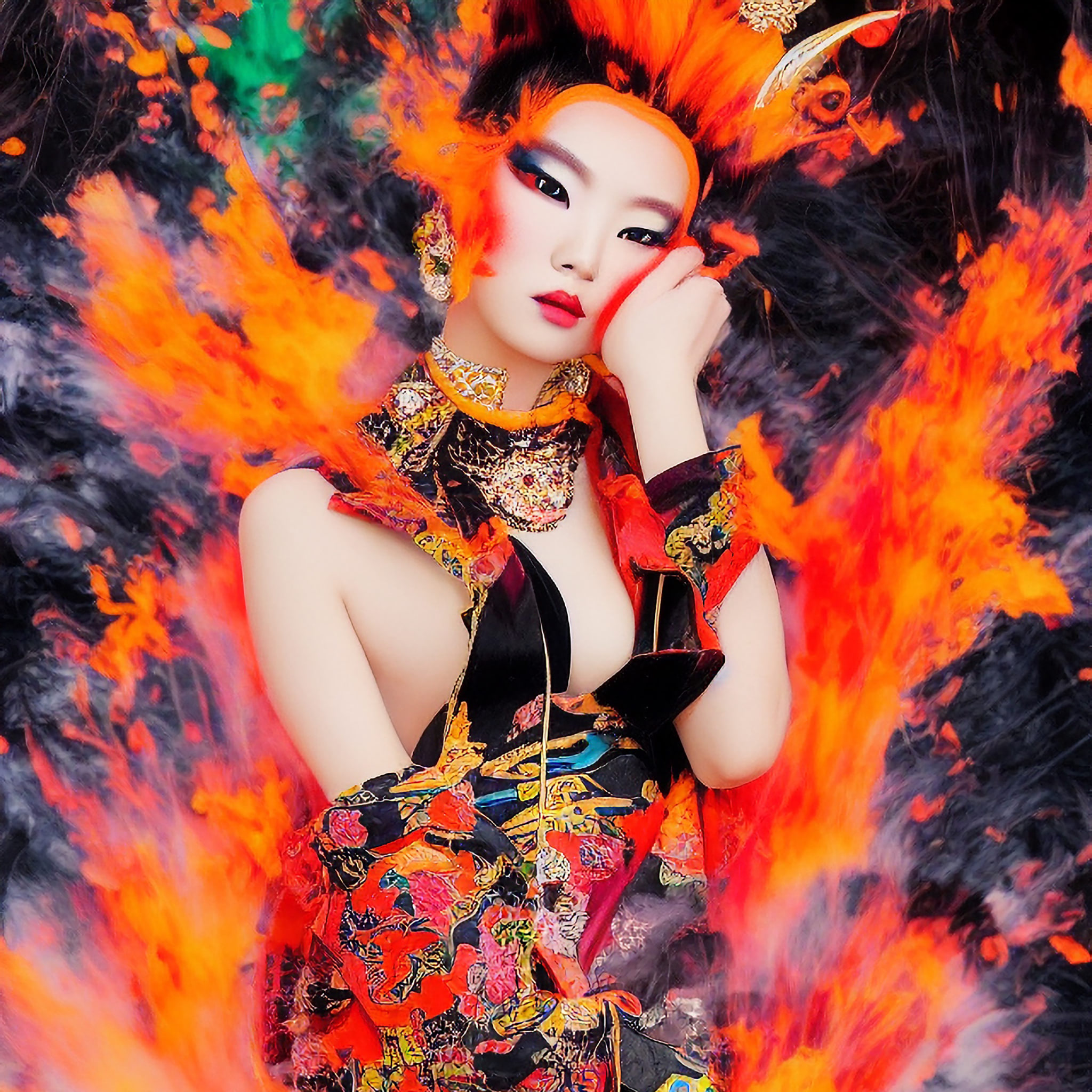 Woman with fiery orange hair and elaborate patterned clothing amidst flames.