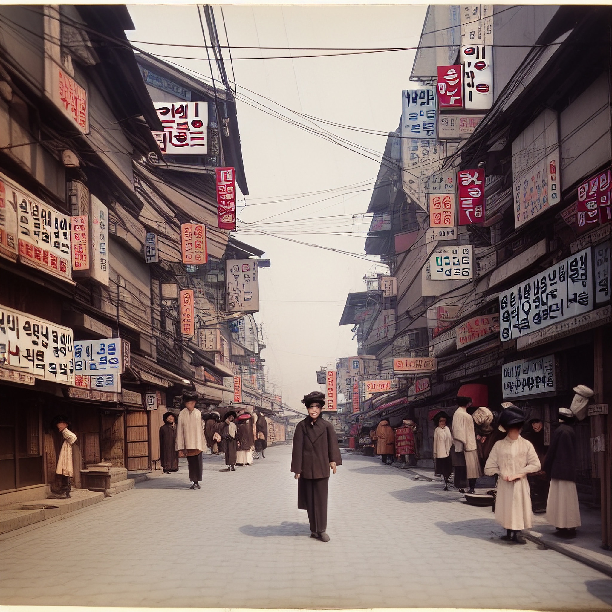 Color photo of a bustling Korean street scene in the 1920s, with people in traditional clothing and numerous signs in Korean script.