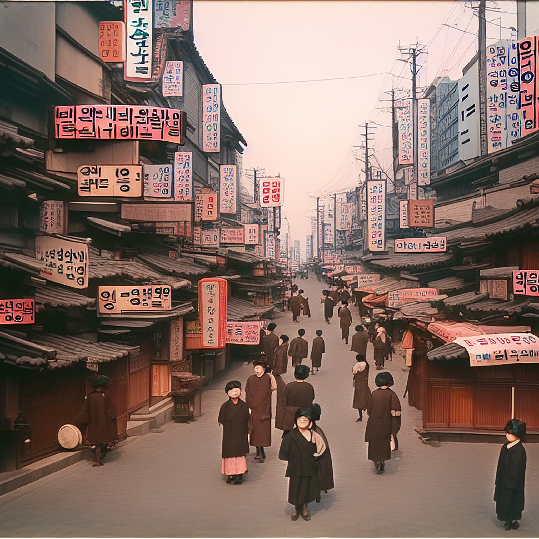 Color photo of a bustling Korean street scene in the 1920s, filled with people and numerous signs in Korean.