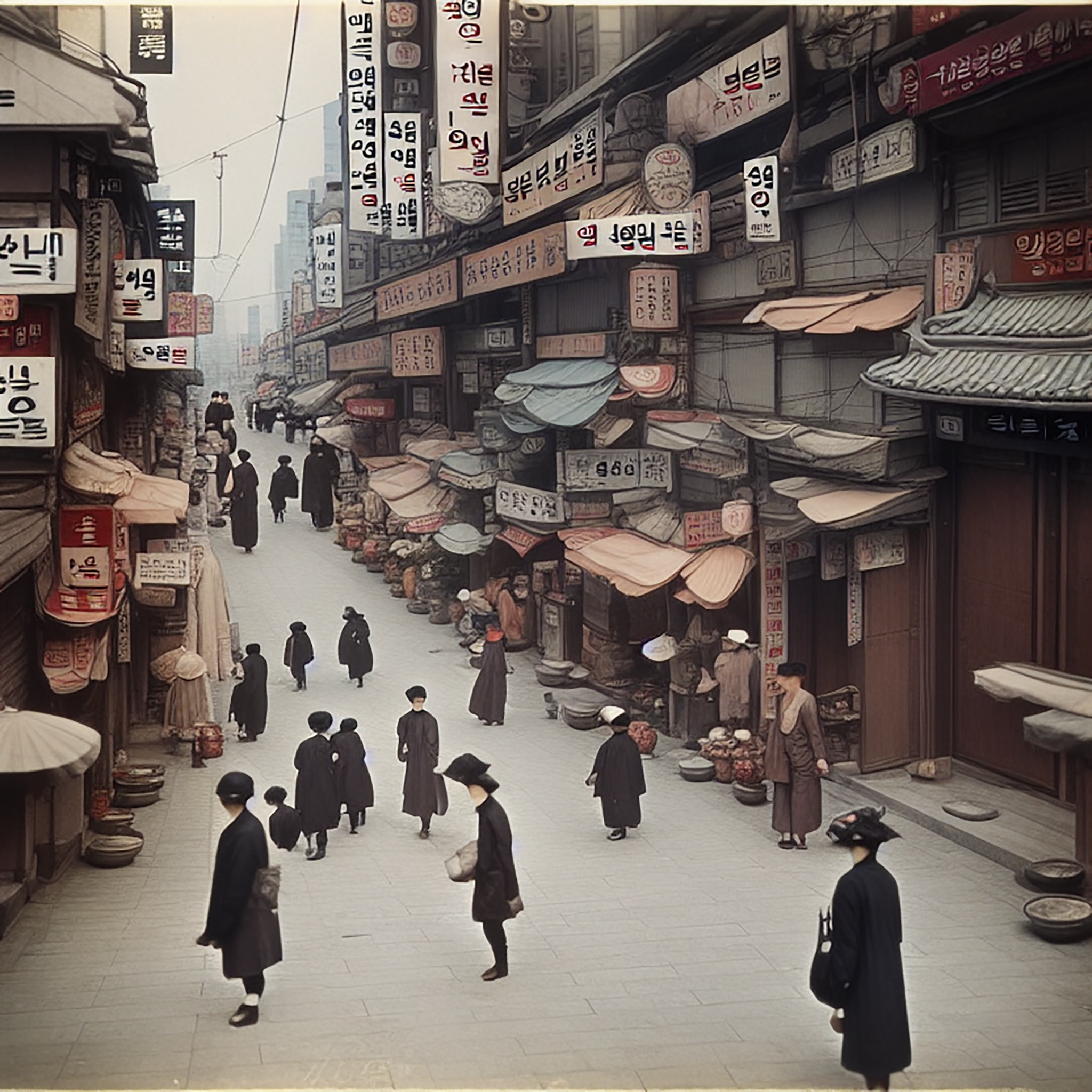 Colorized photo of a bustling street scene in 1920s Korea, showing people in traditional clothing walking past shops with numerous signs in Korean.