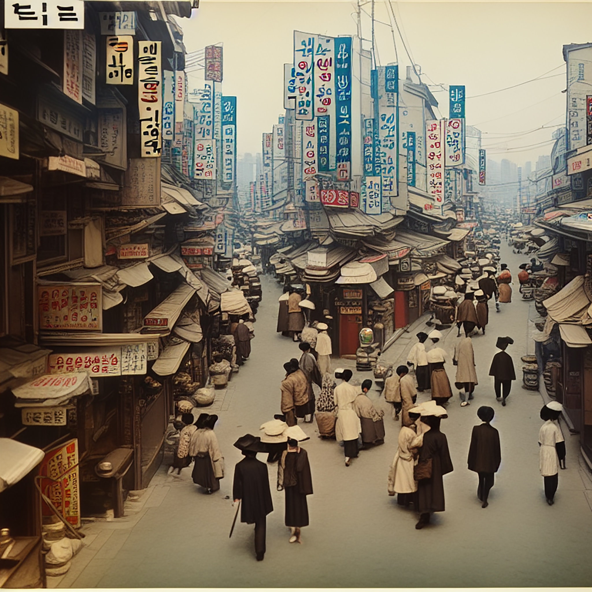 Color photo of a bustling Korean street scene in the 1920s, showing people in traditional clothing walking among shops with numerous signs in Korean.