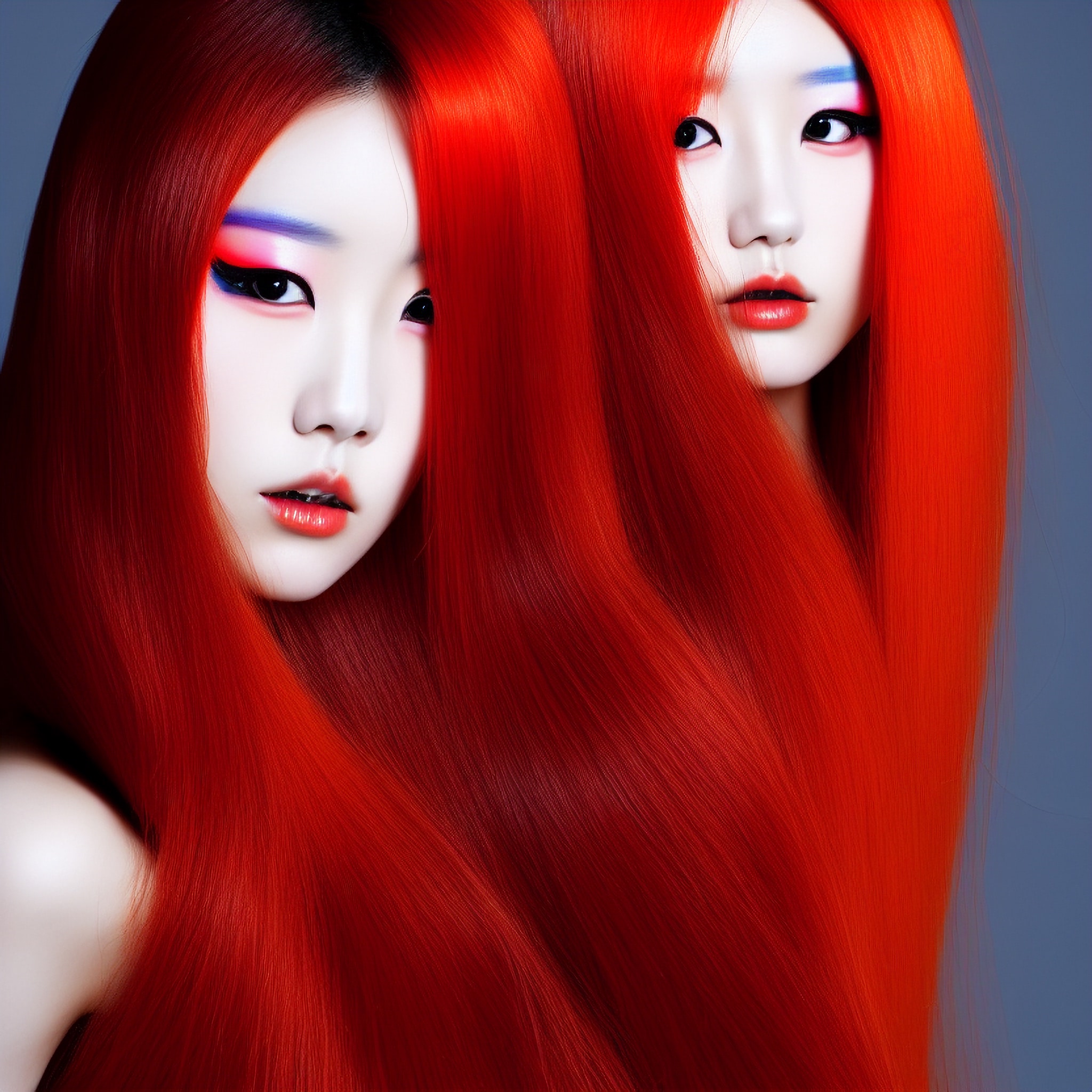 Two women with long, flowing red hair and pale skin wearing dramatic makeup.