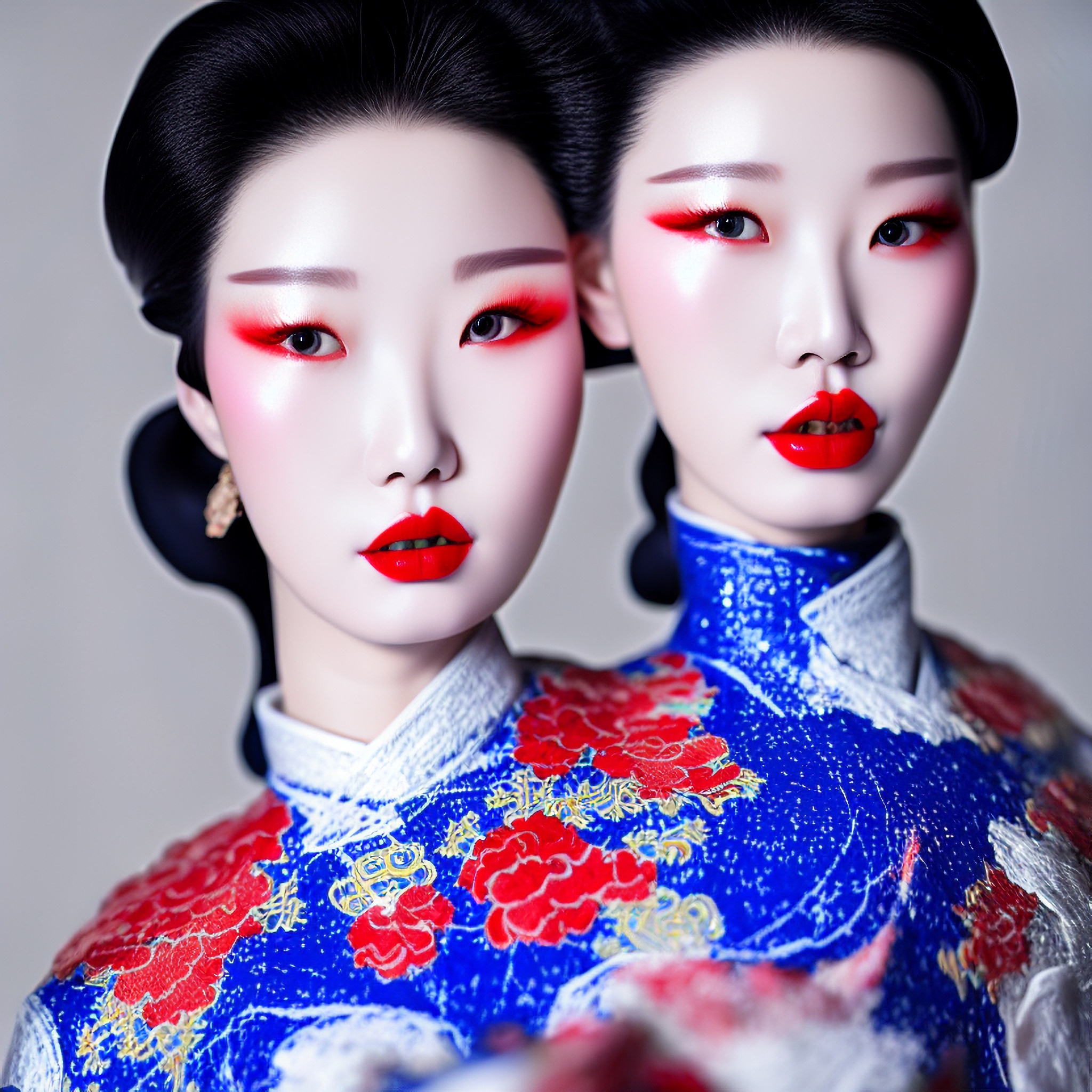 Two women in traditional Korean hanbok dresses with bold red makeup.