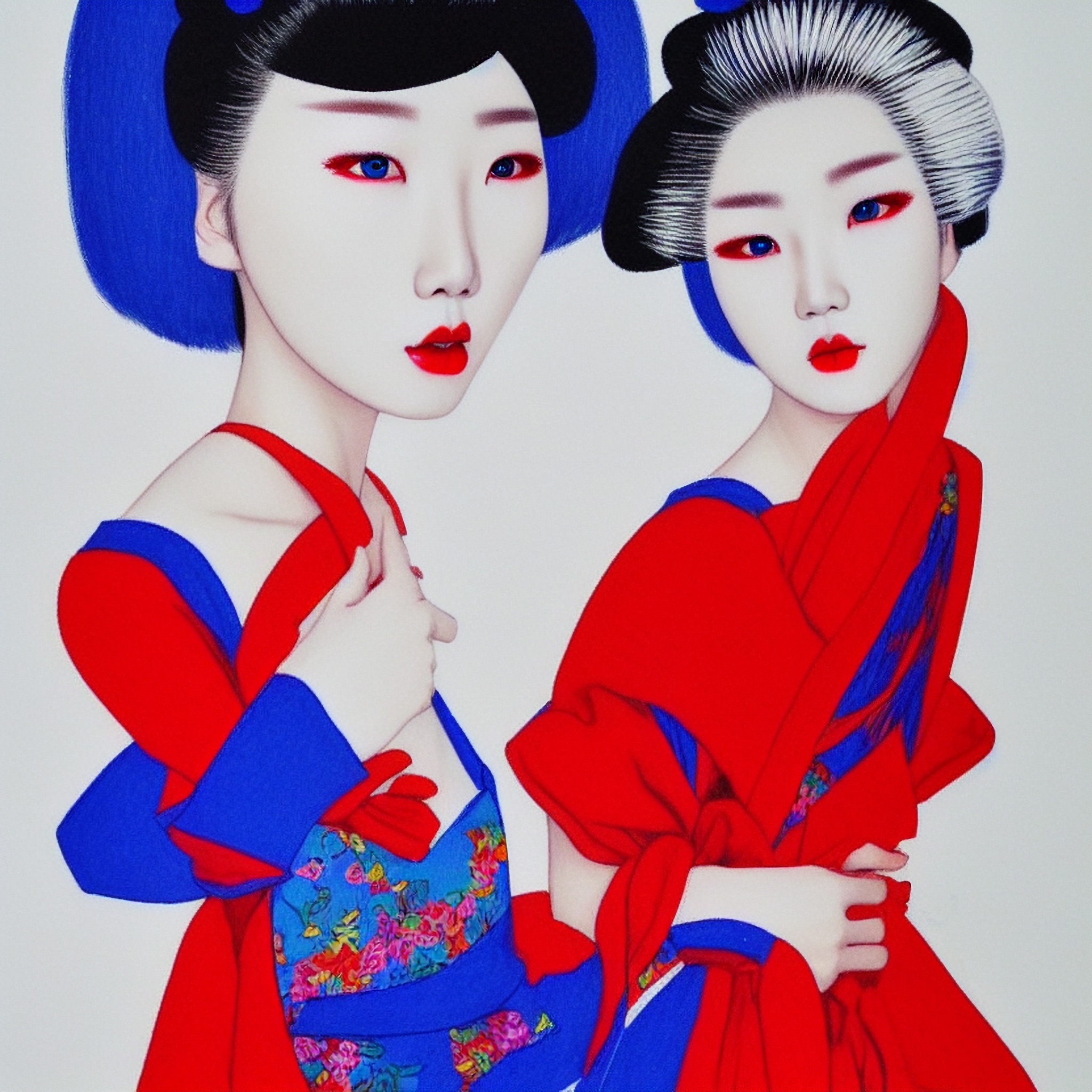 Painting of two women in stylized Korean hanbok, red and blue.