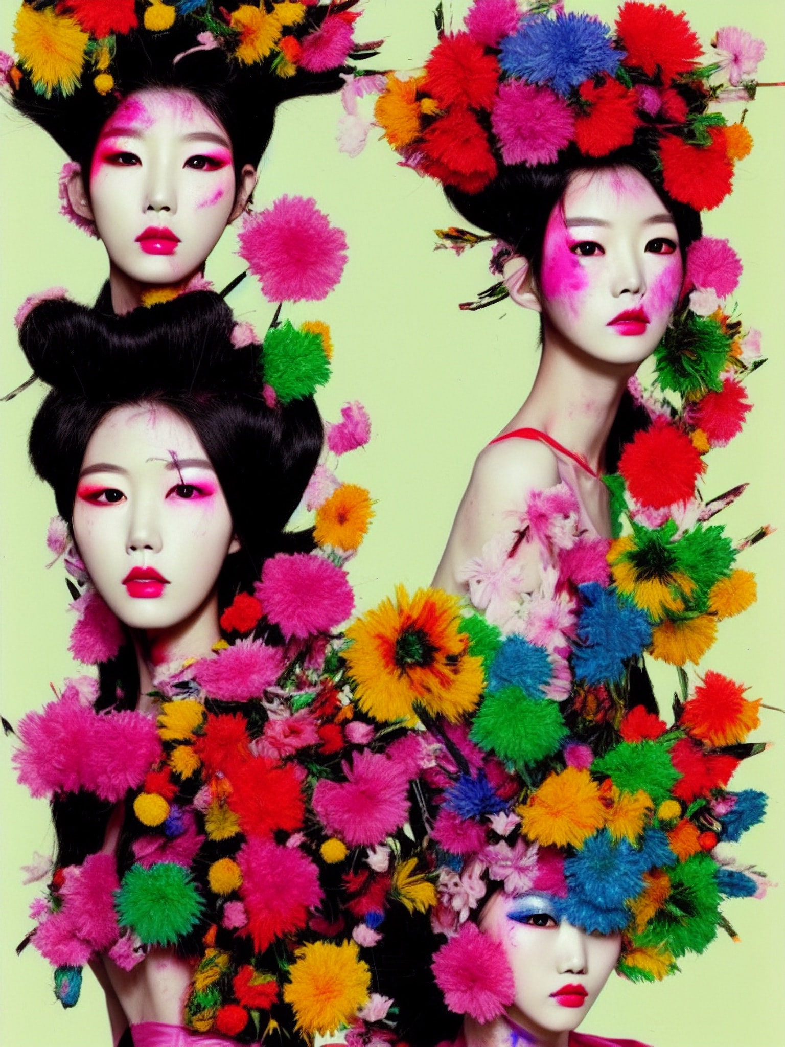 Four Korean fashion models with vibrant floral headdresses and makeup.
