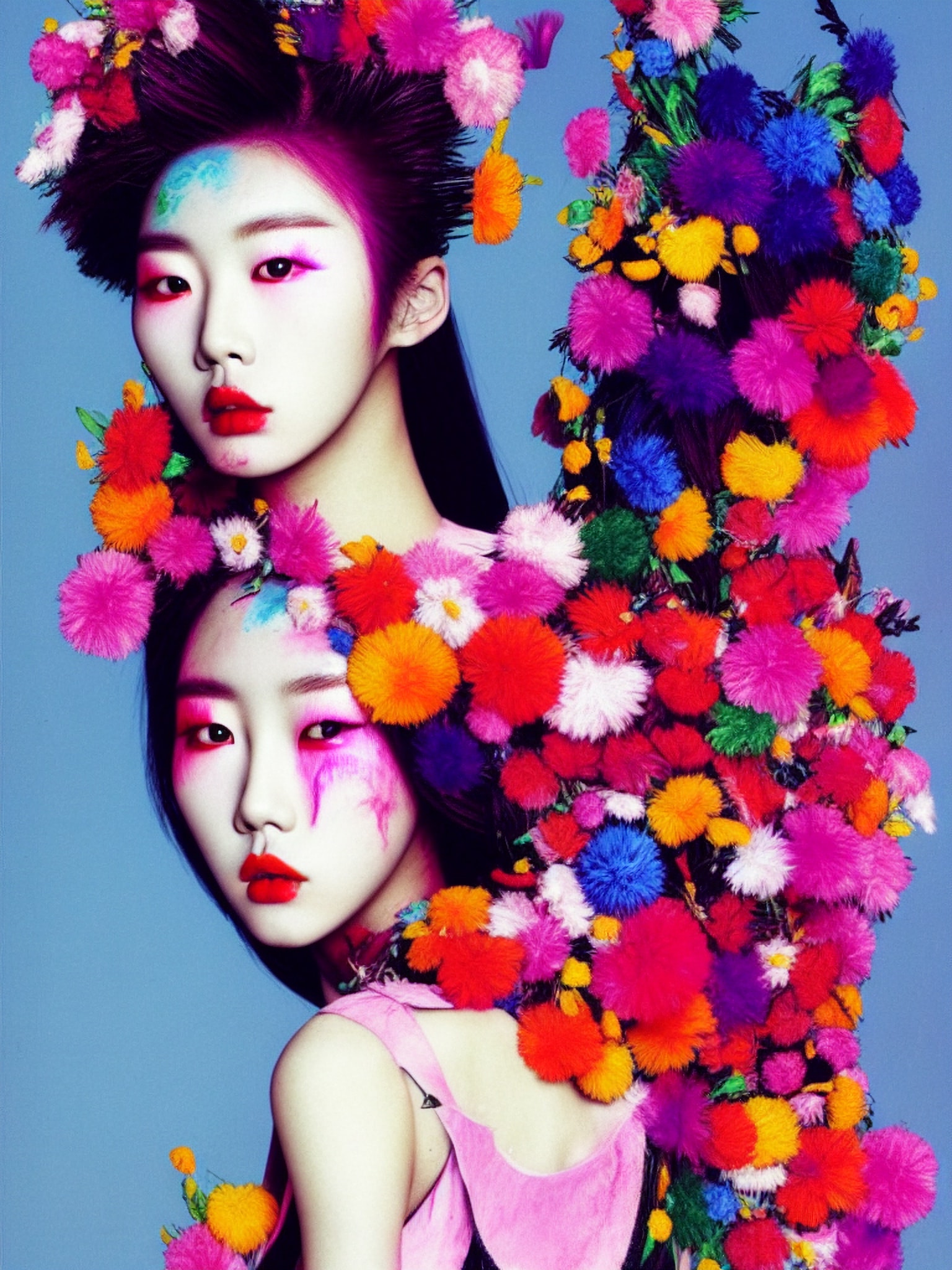 Two Korean fashion models adorned with vibrant, colorful flower headdresses.
