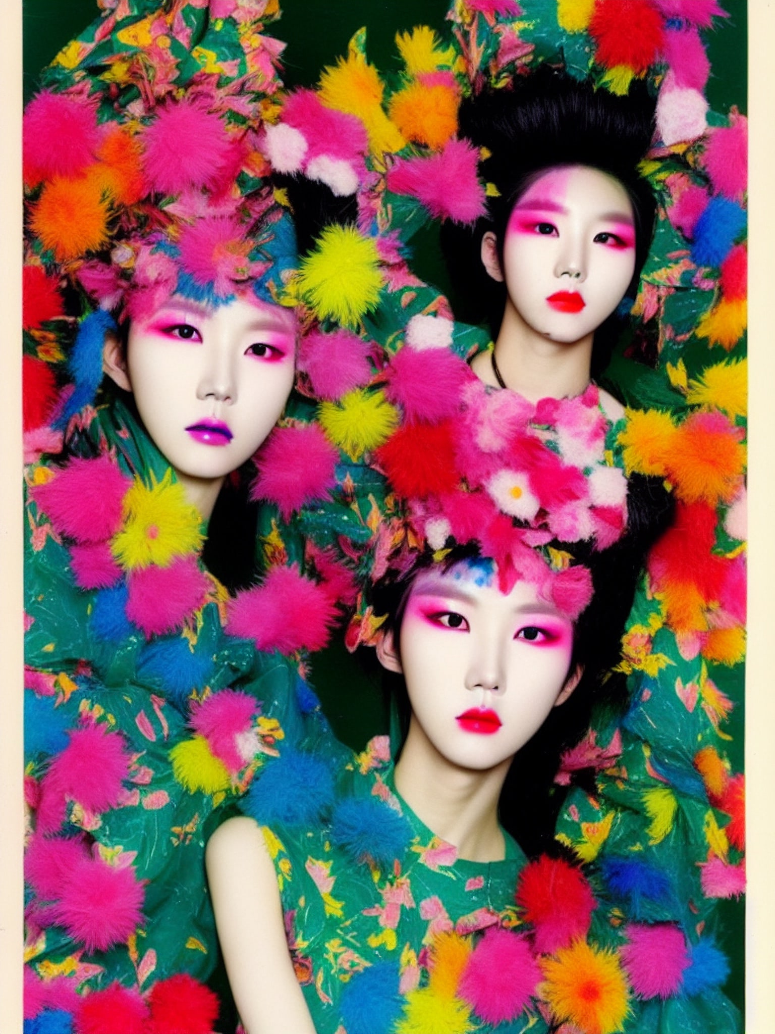 Three fashion models wearing vibrant floral garments and elaborate pom-pom headpieces.