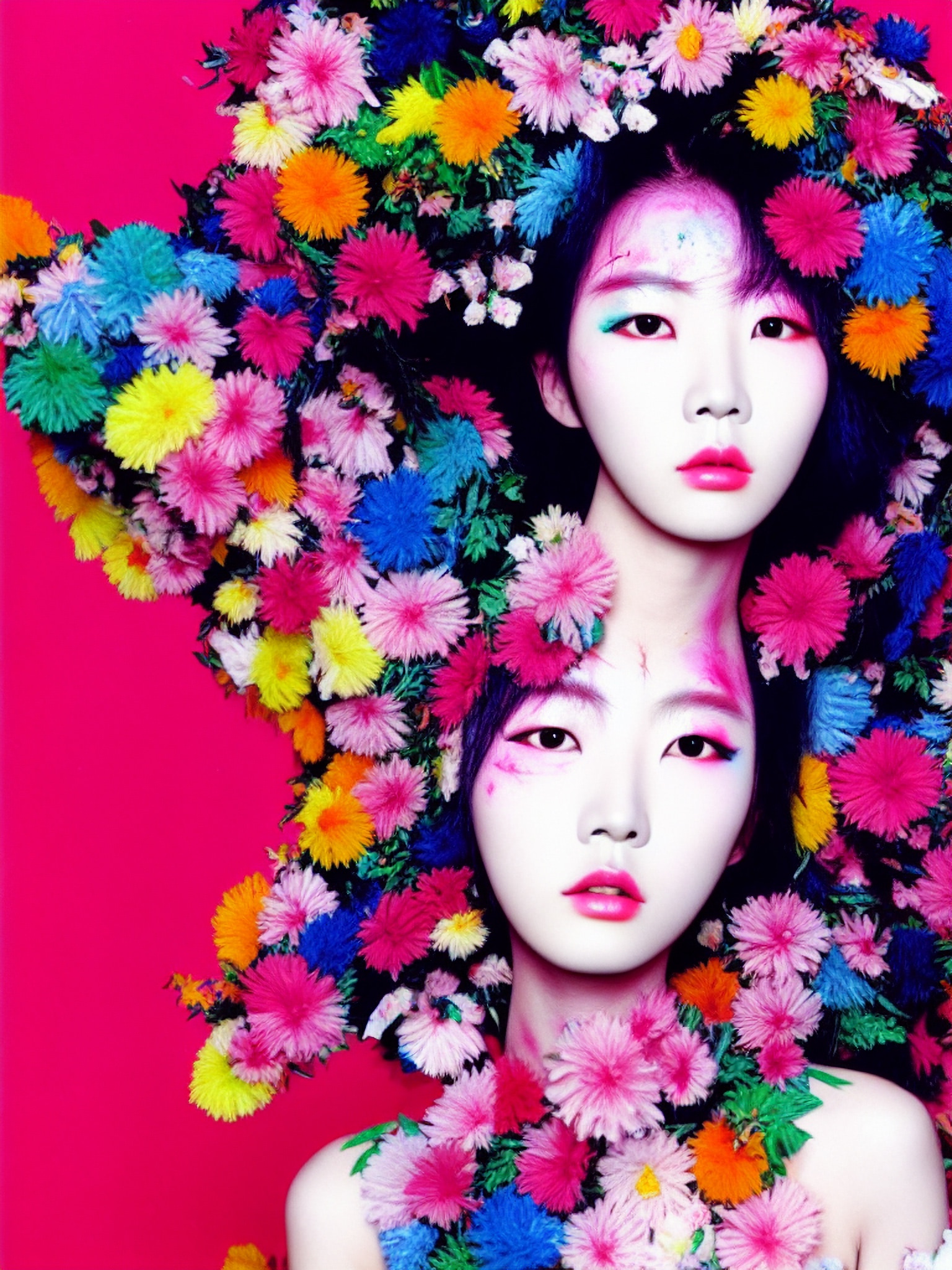 Two fashion models adorned with vibrant flowers against a pink background.