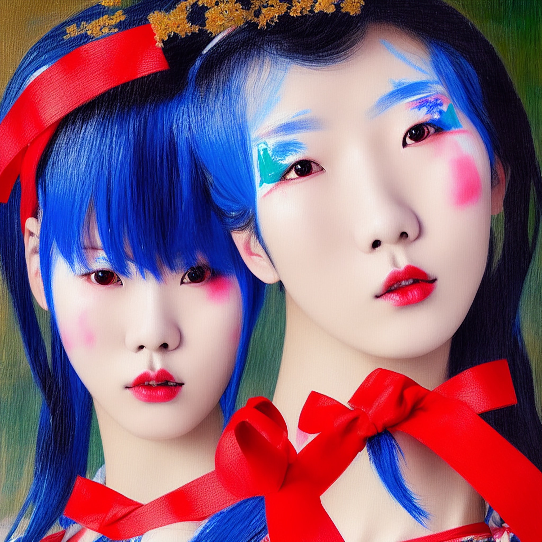 Two girls with blue hair and red ribbons, wearing artistic makeup.