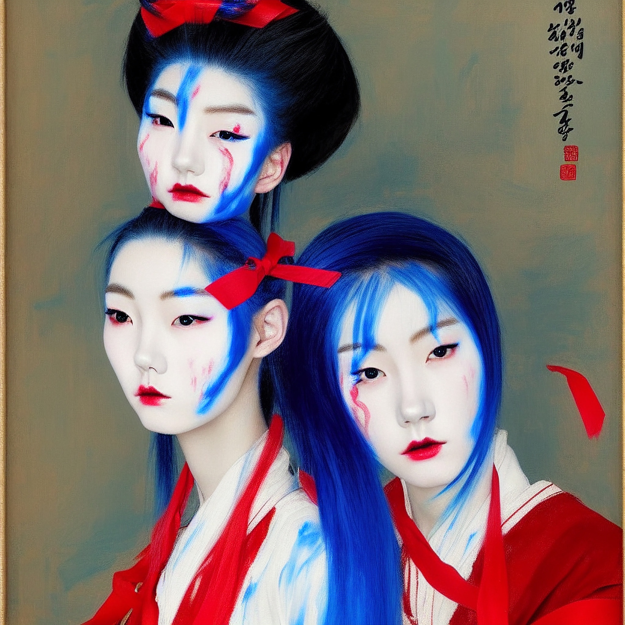 Three young women with blue hair and red and blue makeup, wearing traditional Korean clothing and red ribbons.