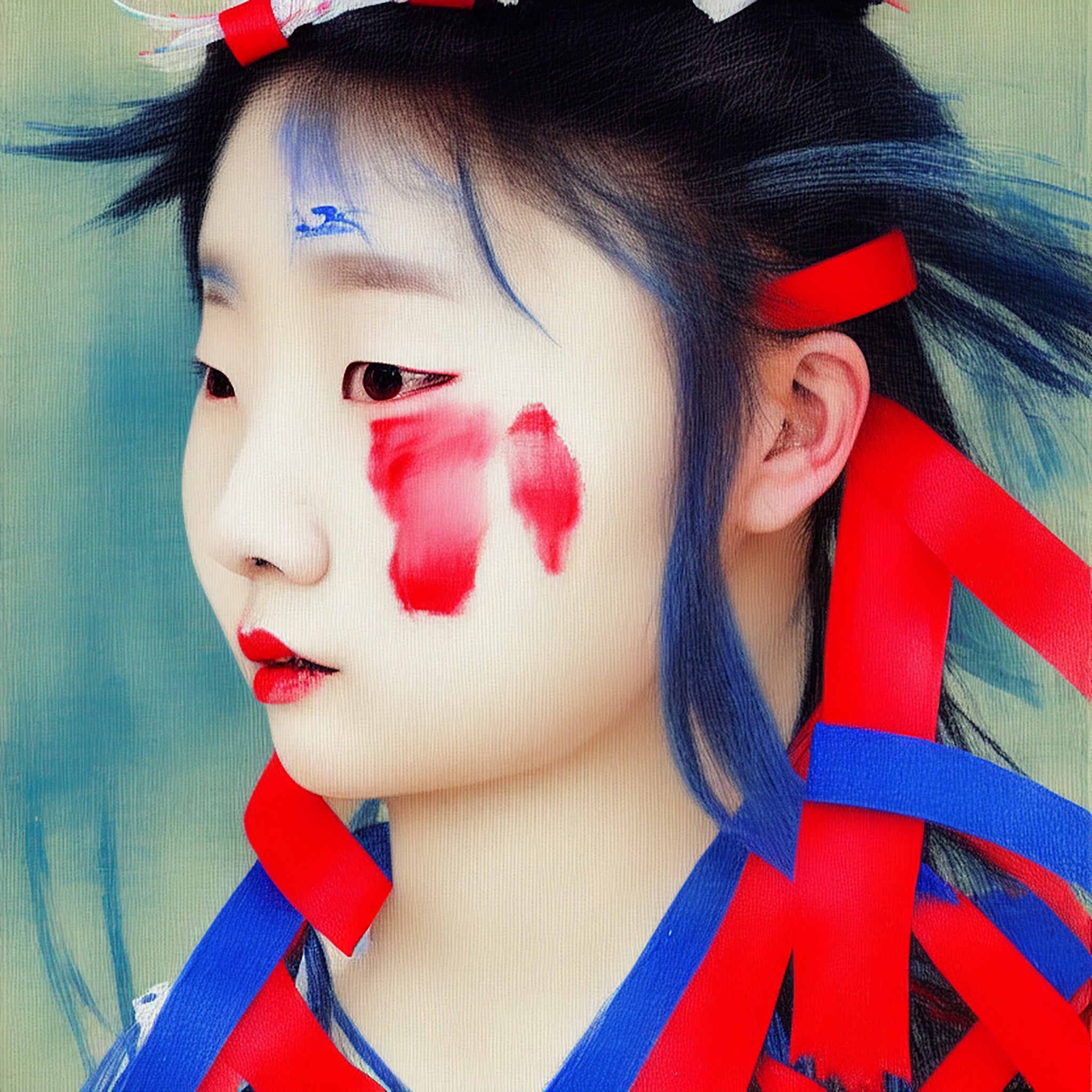Portrait of a girl with blue and red ribbons and red paint on her face.