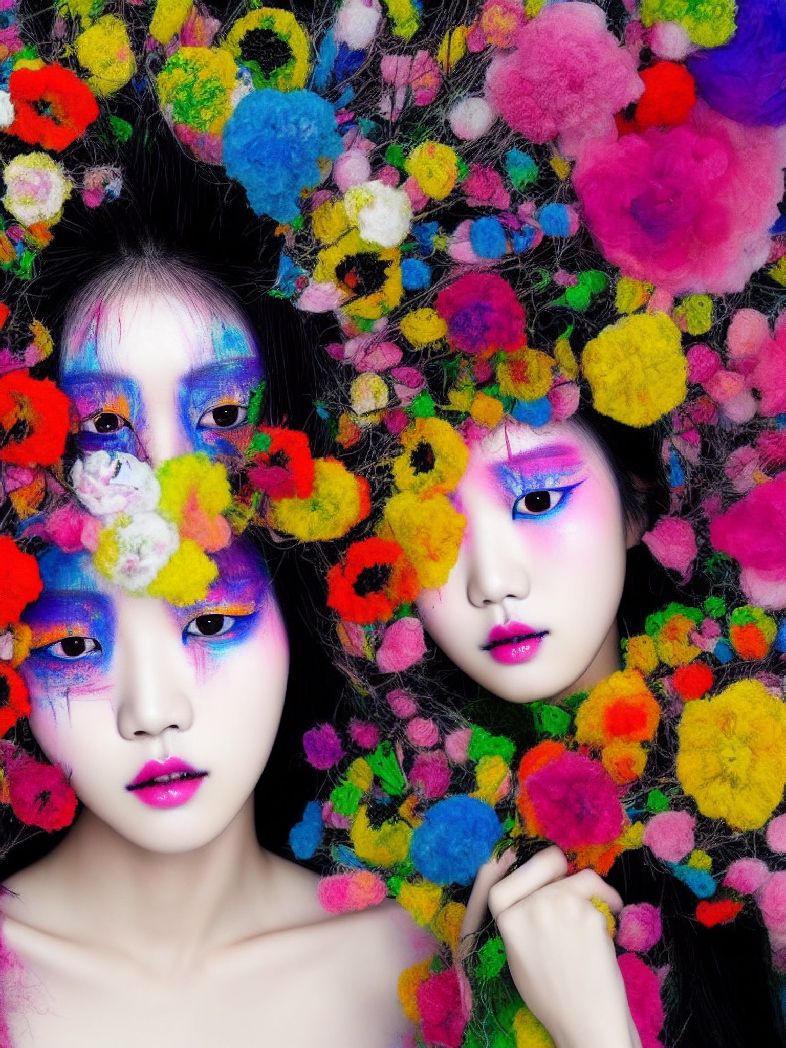 Two young Korean women with vibrant makeup surrounded by colorful flowers.