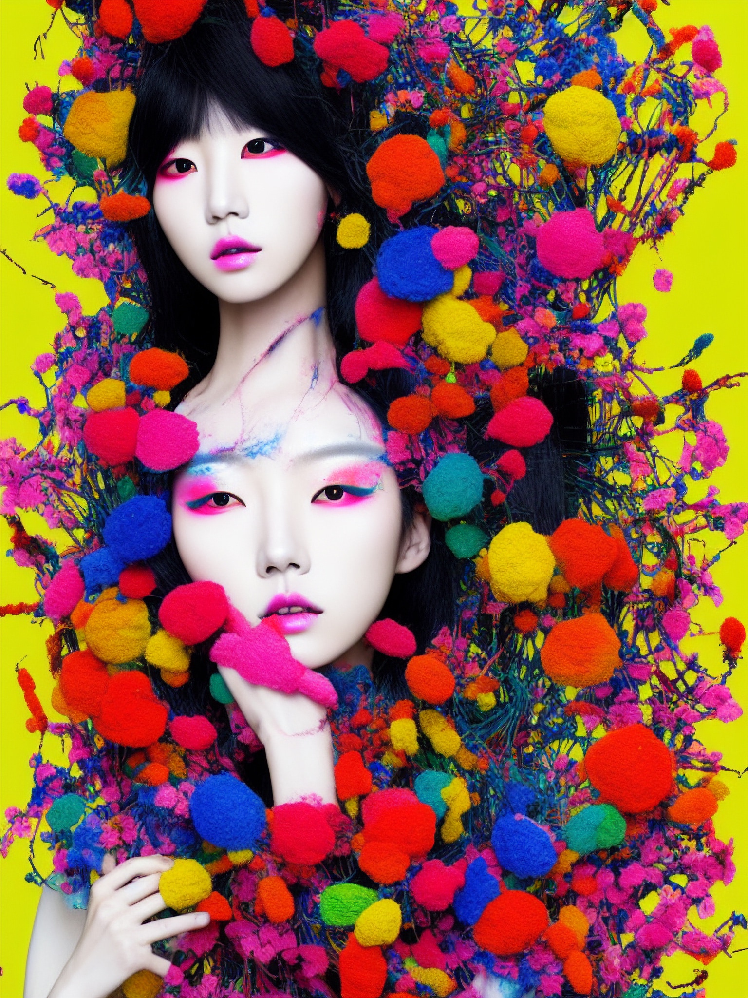 Young Korean woman with vibrant makeup surrounded by colorful flowers.