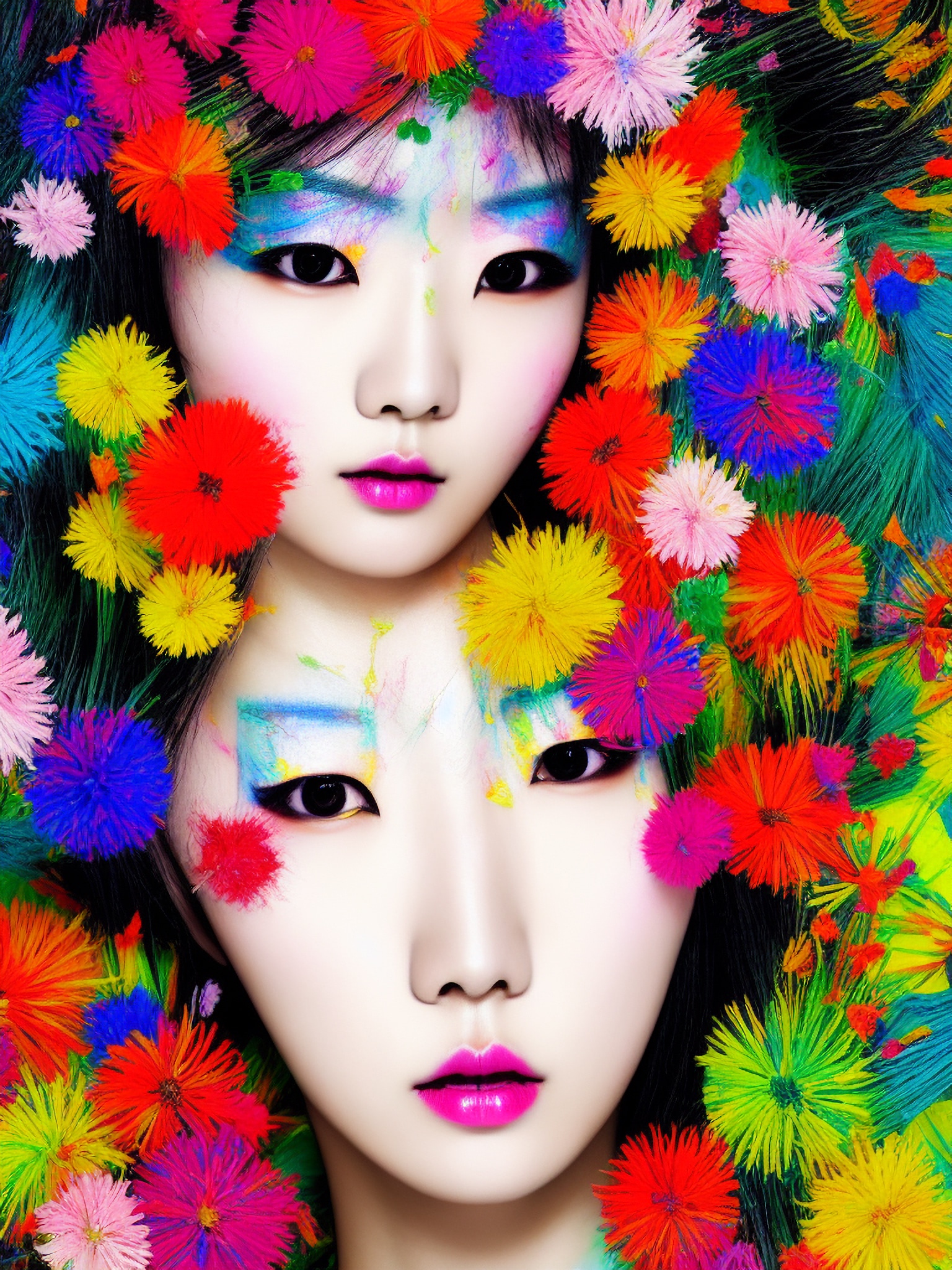 Two young Korean women with colorful flower makeup and vibrant flowers in their hair.