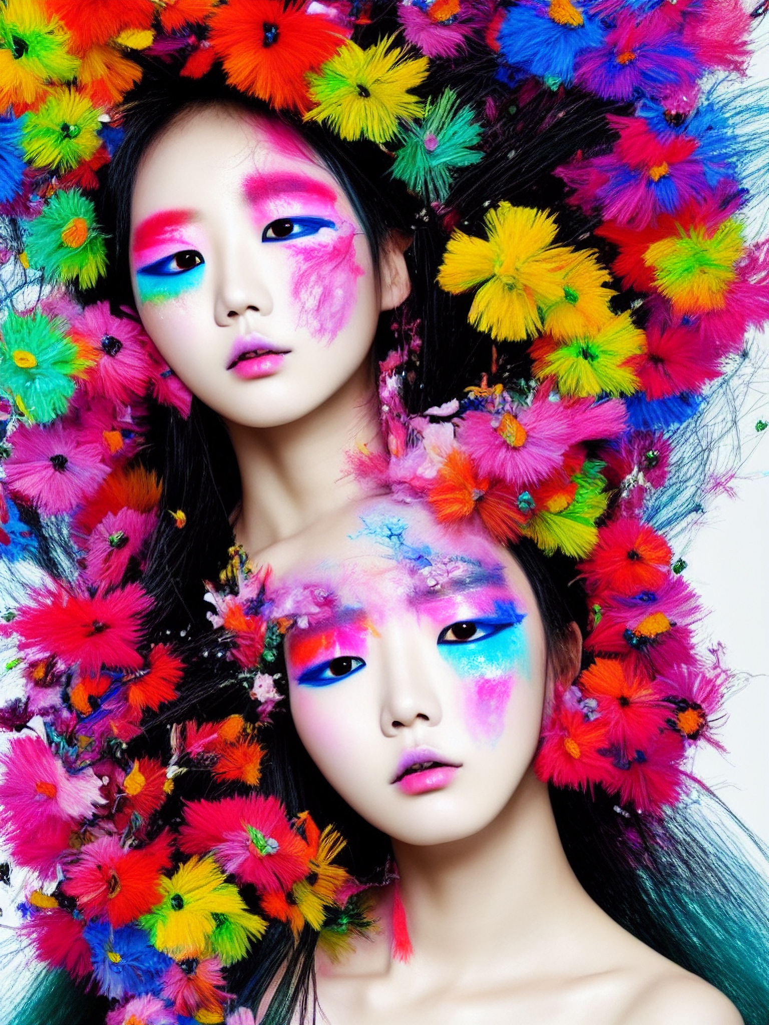 Two young Asian women with colorful makeup and vibrant flower headdresses.
