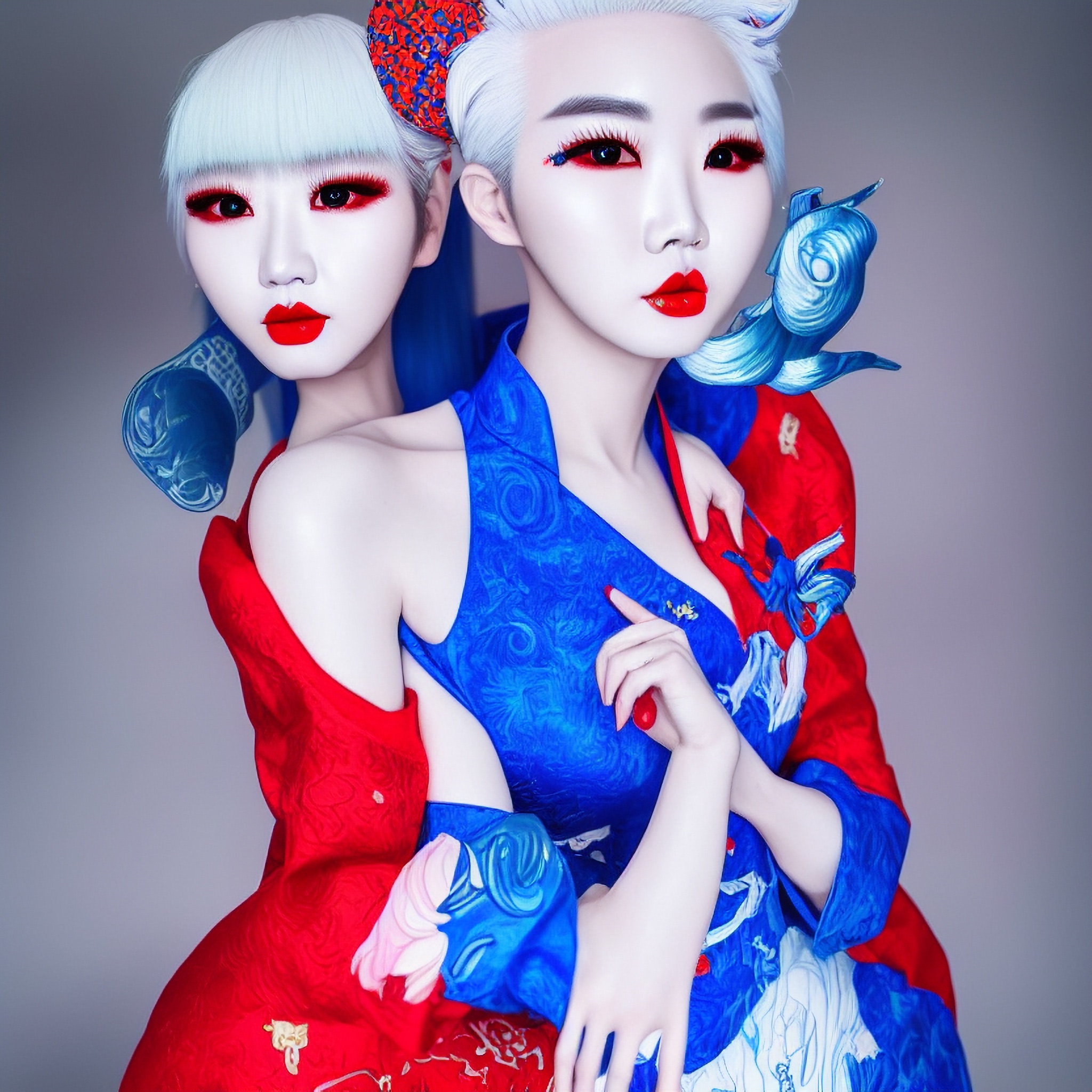 Two women with pale skin and white bob haircuts wearing red and blue patterned dresses.