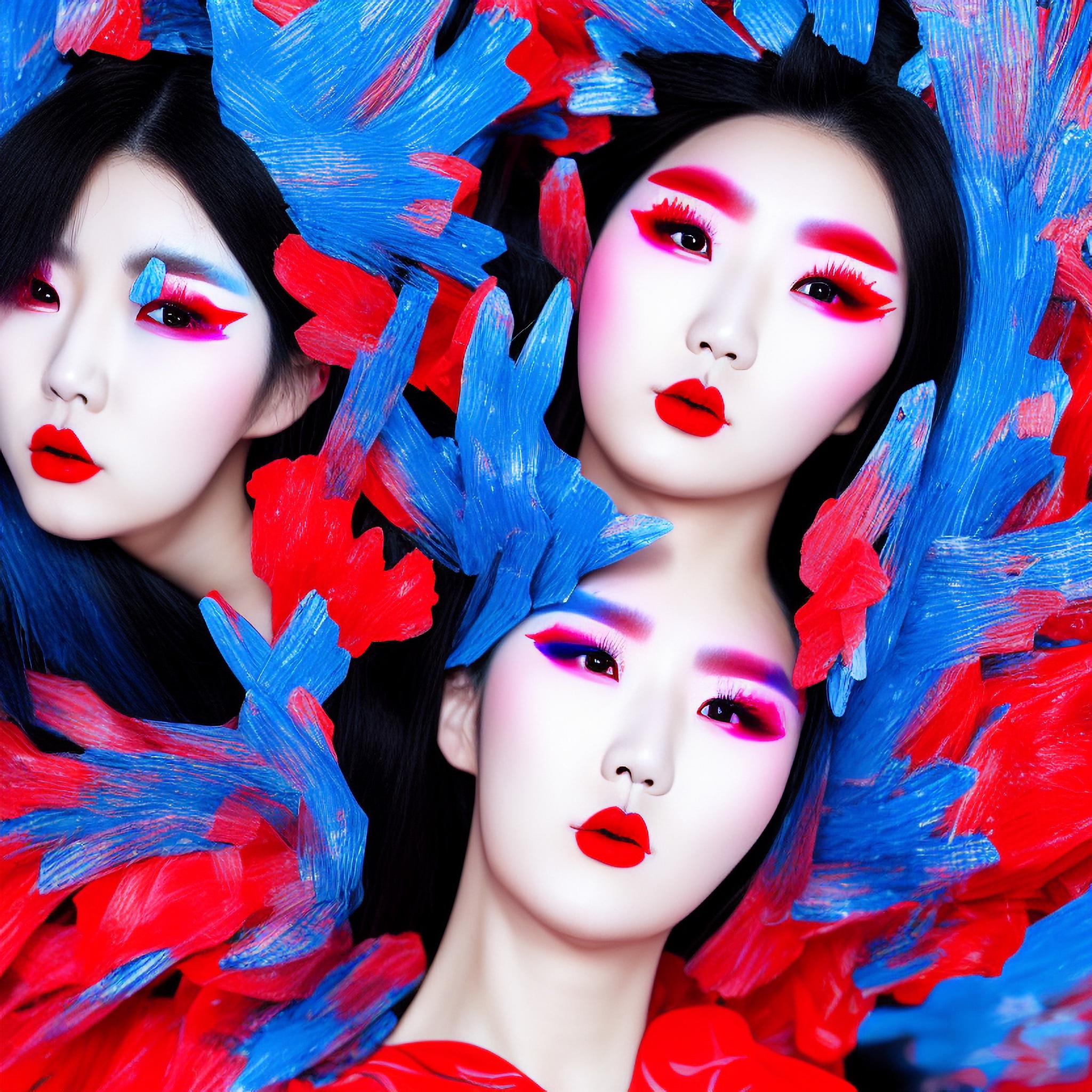 Three women with dark hair and dramatic red and pink makeup, surrounded by red and blue textured fabric.