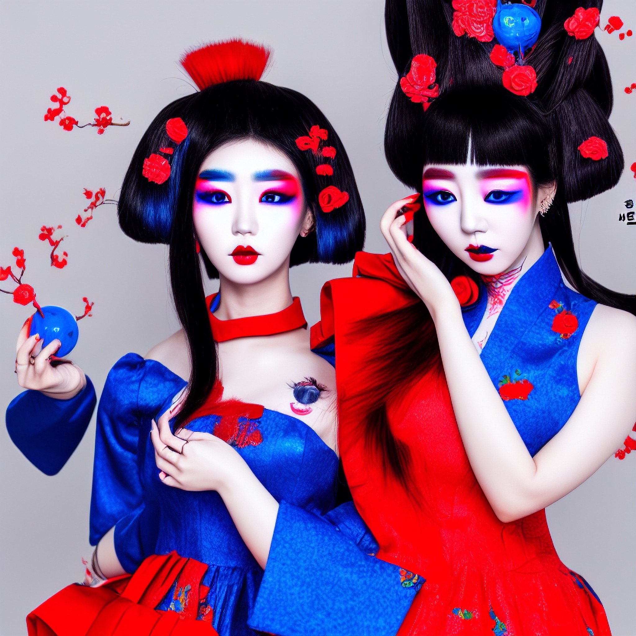 Two Korean influencers in red and blue qipao dresses with elaborate makeup and hair.