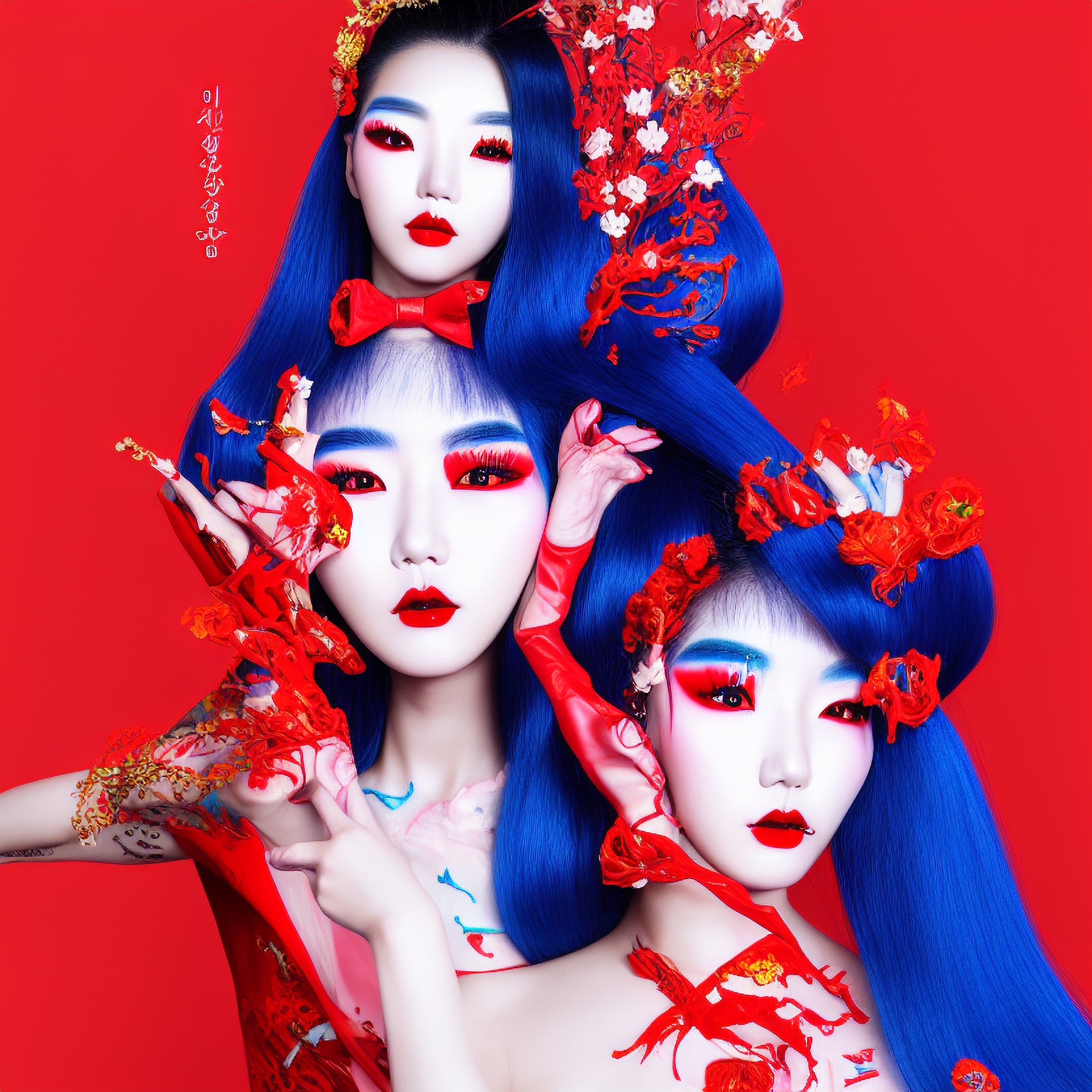 Three women with vibrant blue hair, red and white makeup, and red floral accents.