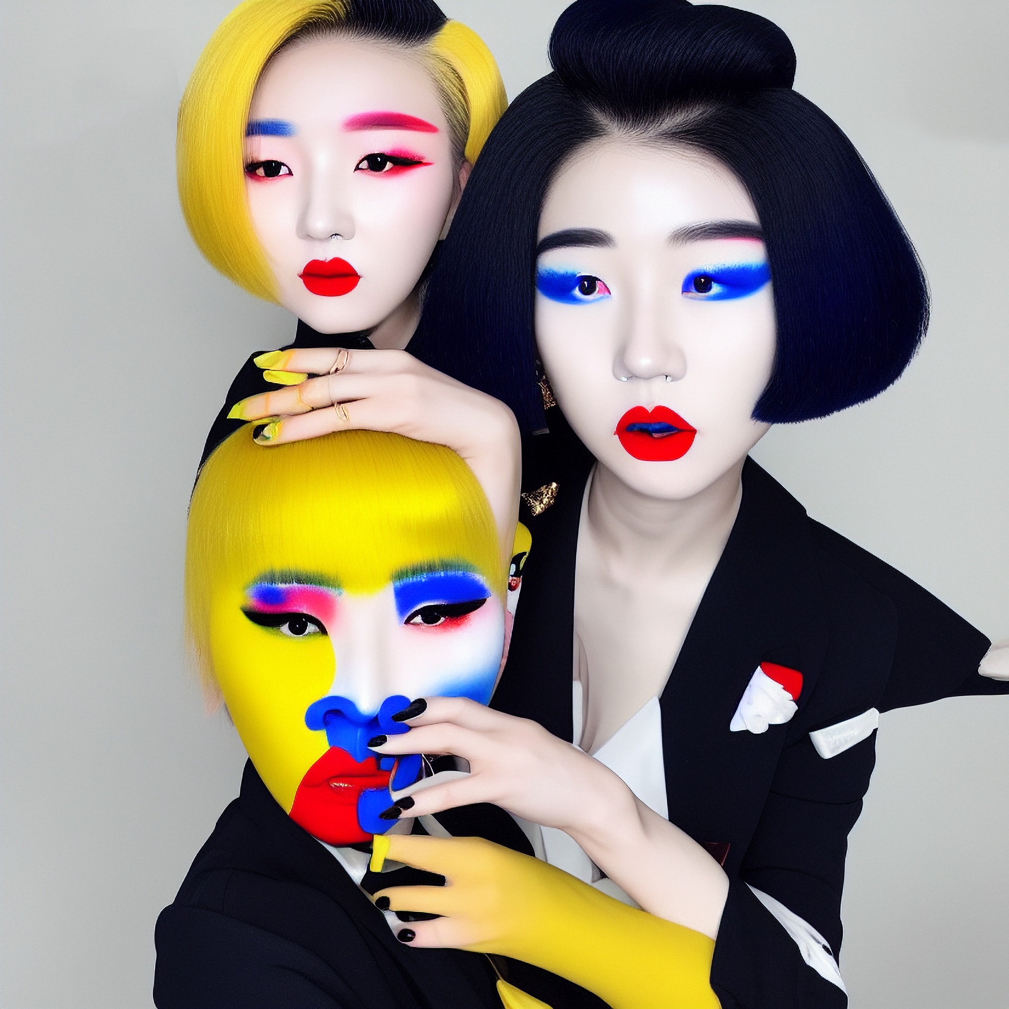 Three young Asian women with bold, colorful makeup and brightly colored hair.