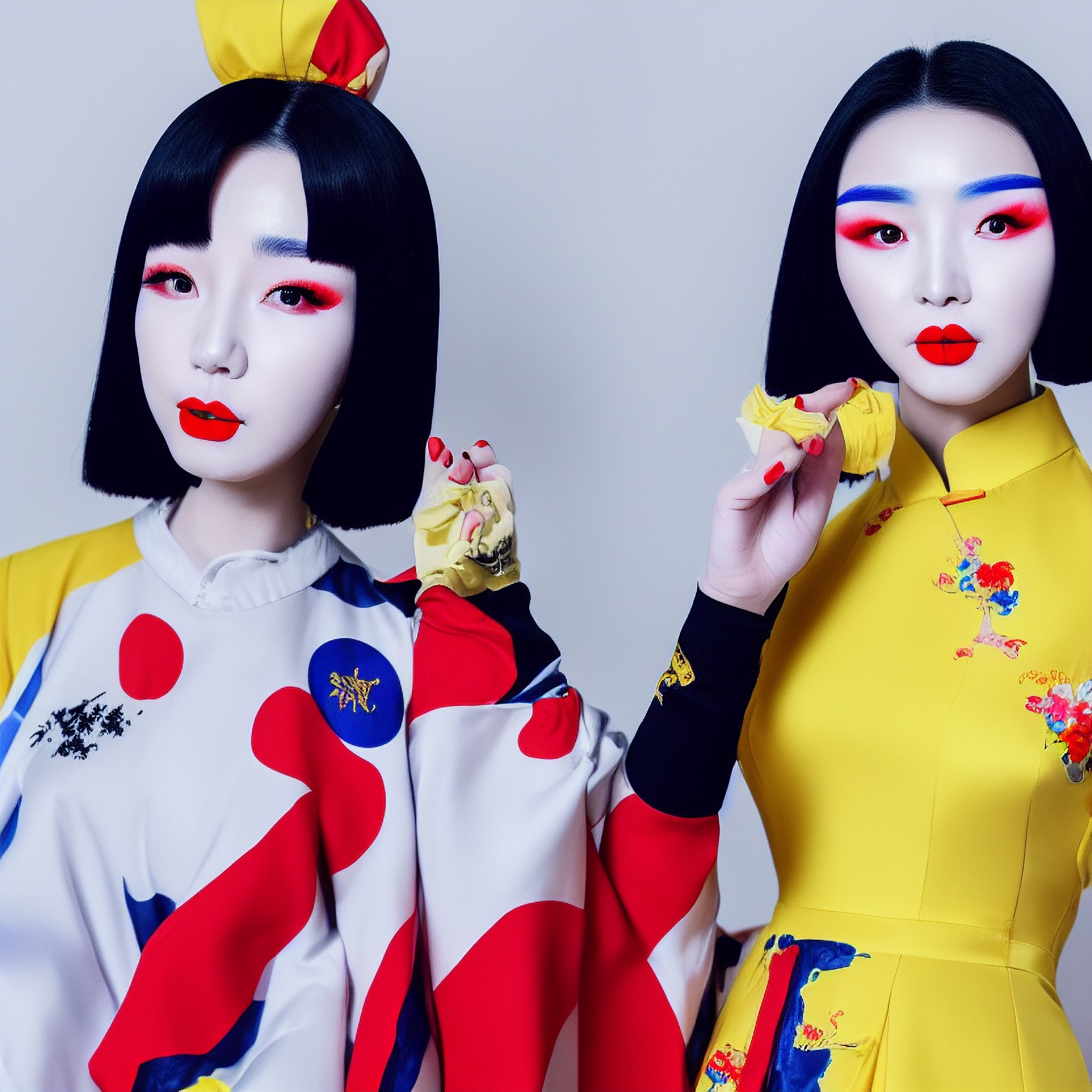 Two Korean women with bold makeup and vibrant clothing.