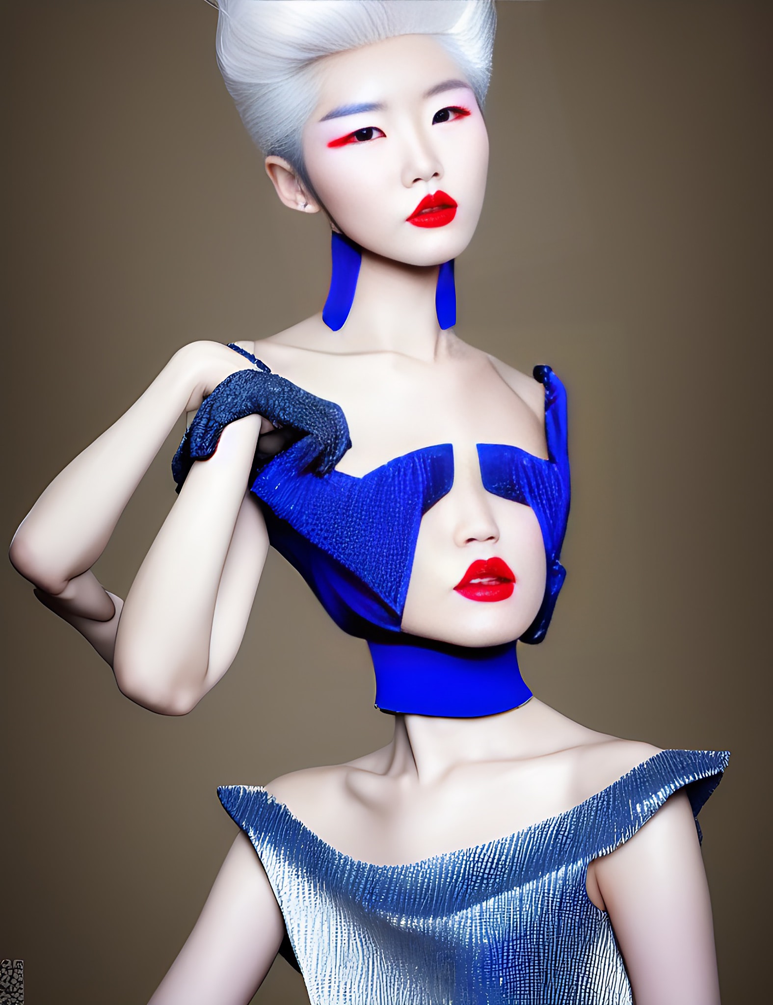 Korean model with platinum blonde hair, bold red and blue makeup, and a blue textured haute couture dress.