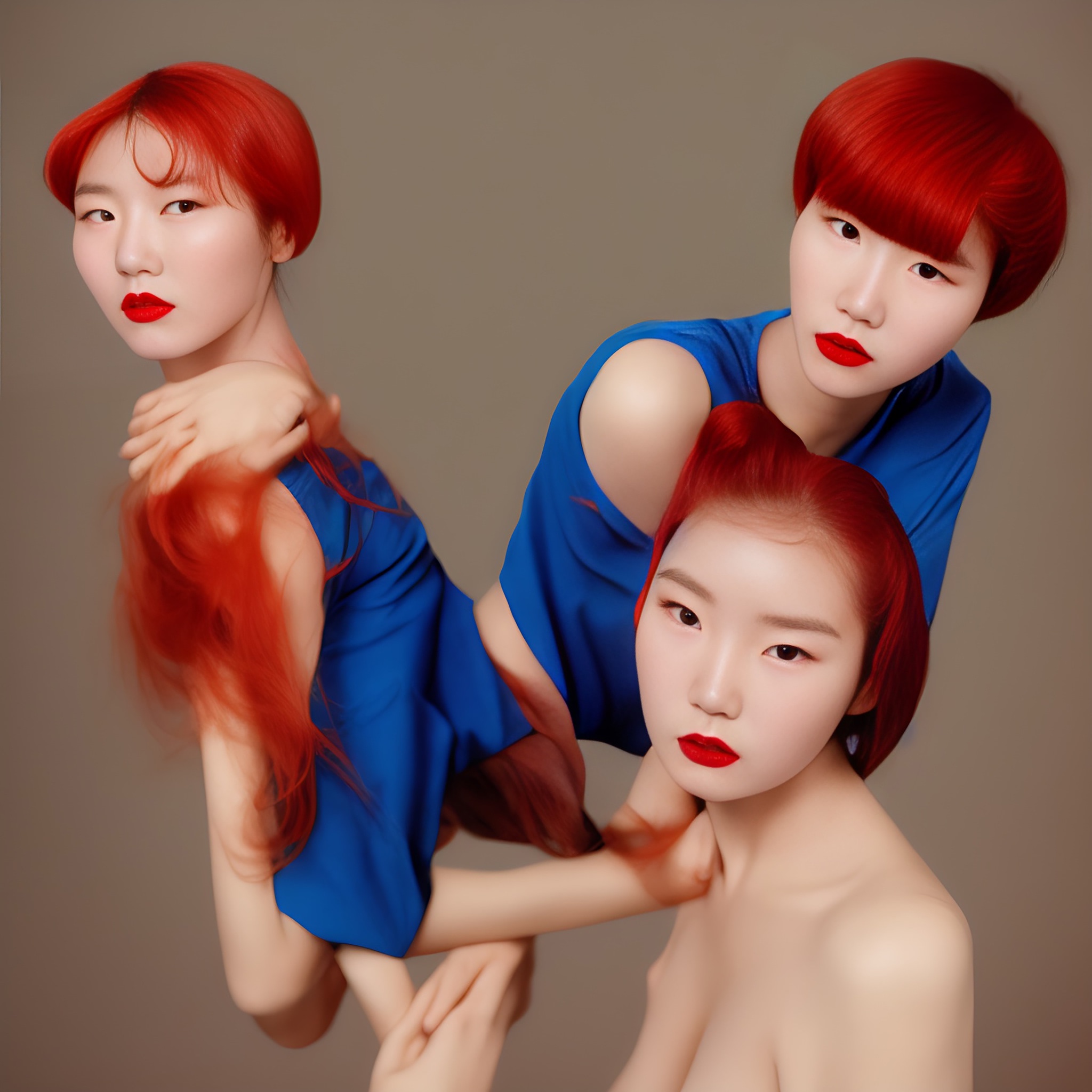 Three Asian women with bright red hair wearing blue clothing.