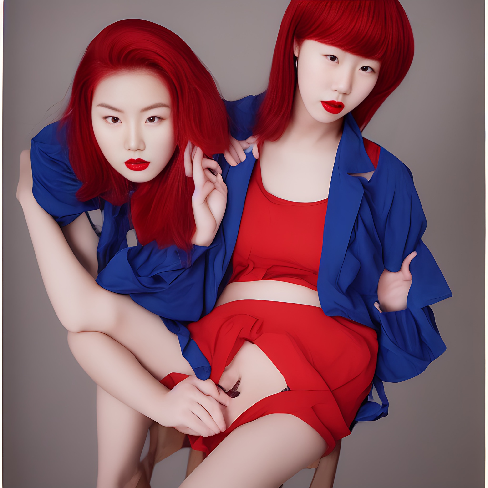 Two Korean women with bright red hair wearing blue jackets and red skirts.